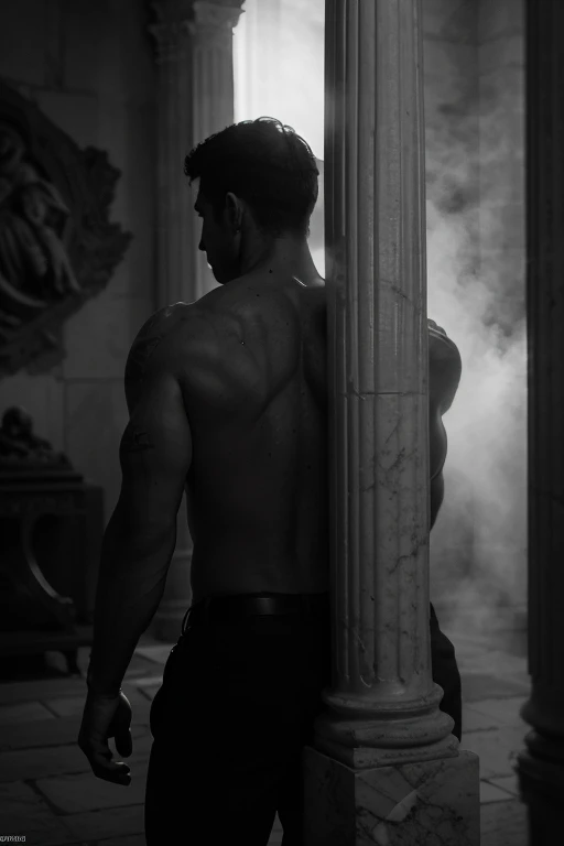 1male people,((Thin))，((being thin))，Muscular, Palatial palace，cage,strappy,White rope,White cloth curtains,(Detail light),Tattooed with，Transparent tulle，Gray-black skin，Dark gray-black skin，Full nudity on the back，Lateral face，Falling white petals