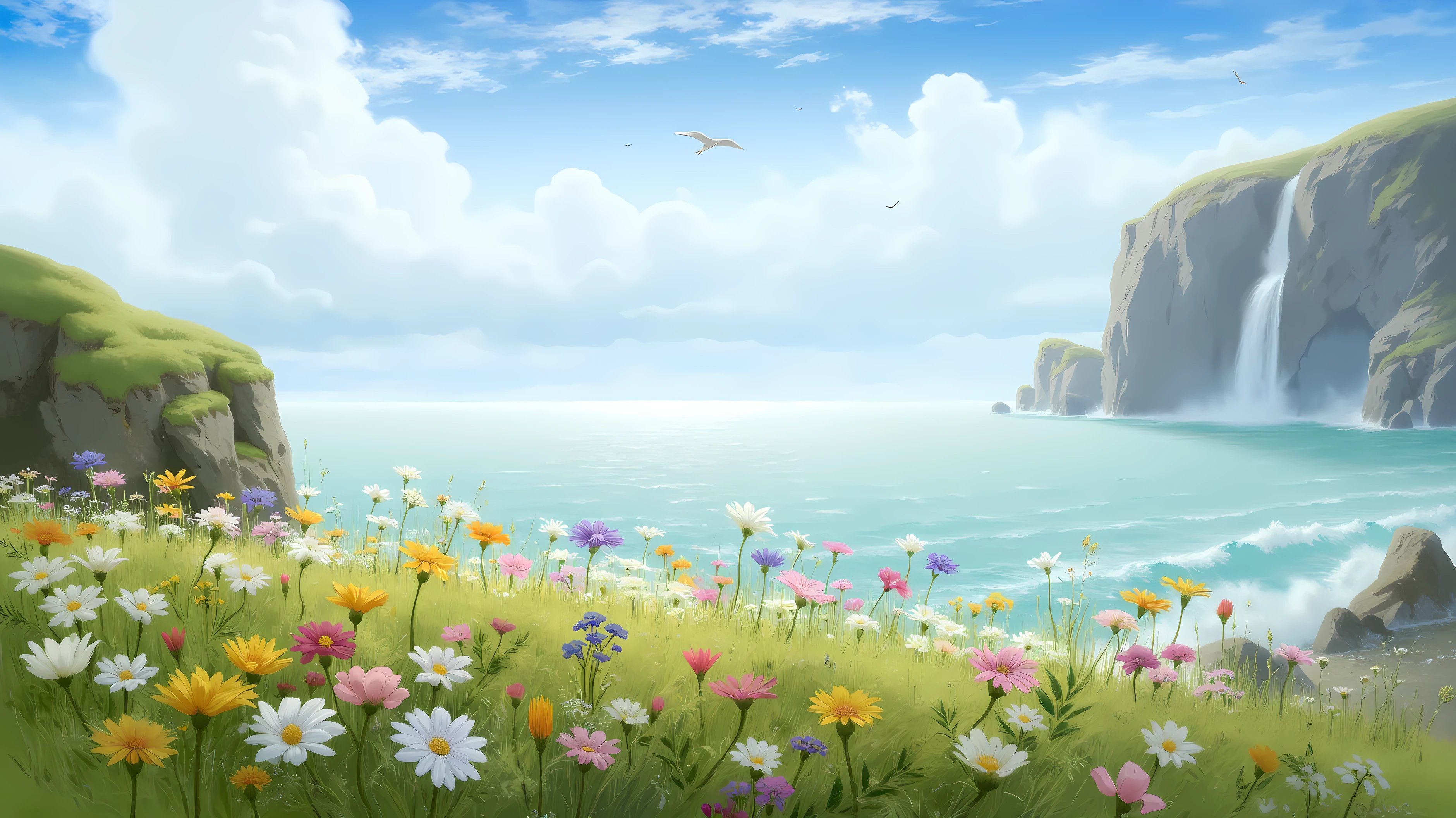 flowers, outdoors, sky, clouds, water, blue sky, no people, birds, sea, cloudy sky, grass, landscape, rocks, horizon, cliff, swaying in the wind (small plants and flowers)