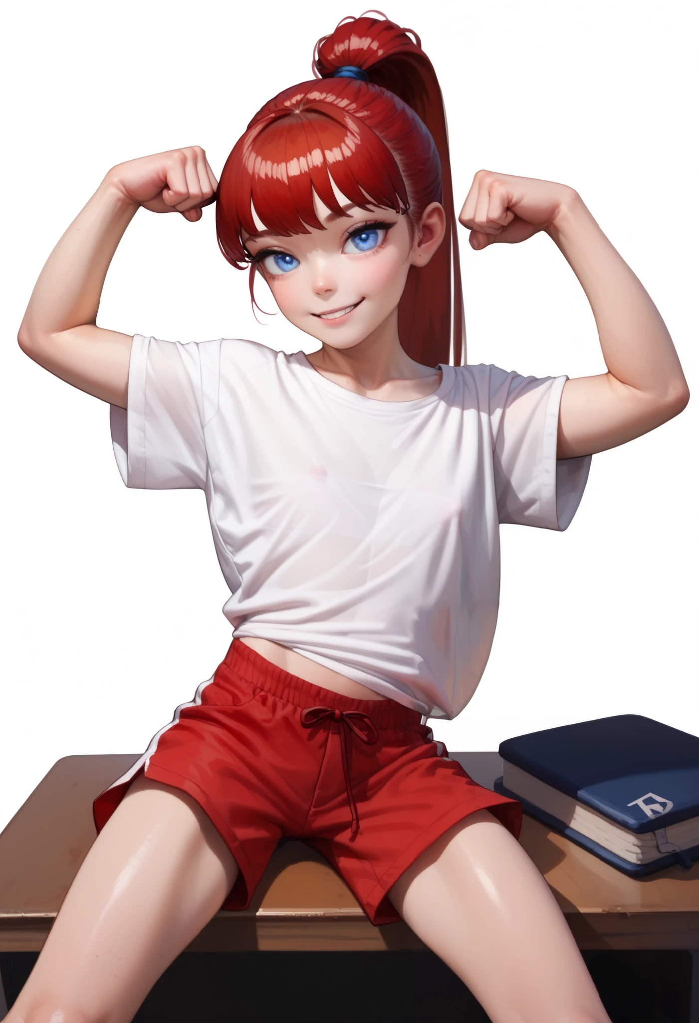 ((White background)) ((Korean girl)) ((1girl)) , (solo girl) ,24 years old, rathing_questionable , detailed eyes, (Red hair tied in a ponytail) Bangs ,blue eyes, (white oversized t-shirt:1.3) ,(Red shorts:1.2) ((small breasts)) , (((very thin:1.3))) (Flat chest:1.4) gaunt , tall ,Long legs , ((sitting on a desk)) (excited) ((Flexing arm:1.2)) smile