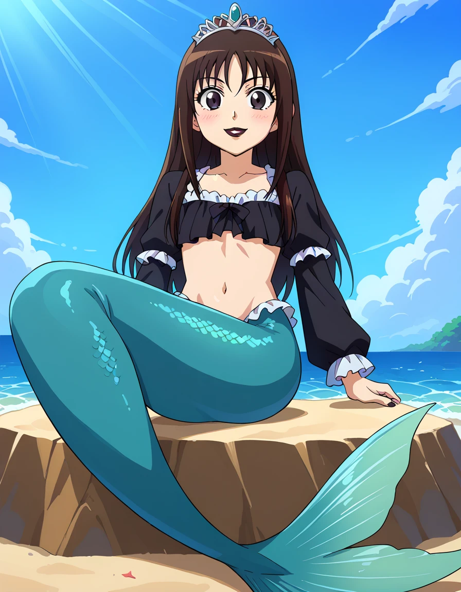 anime screencap, masterpiece, best quality, highres, outdoors, small breasts, gine, mermaid, spiky black hair, 1 girl, Solo, Black Eyes, Good hands are down, Smile, Blushing, Bare Neck, Bare Shoulders, strapless, aqua crop top, mermaid tail, scales on the mermaid’s tail, mermaid sitting on the beach, over the sea, beautiful, Cowboy shot. A landscape of the beach, sea, blue skies, sand beach. In the center. looking at viewers