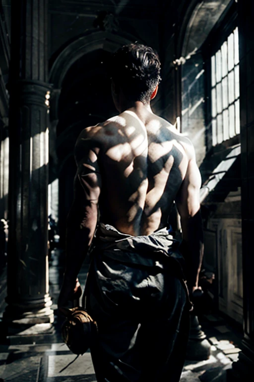 Clip Drop: bodybuilder Daniel Radcliffe as Harry Potter, too buffed, doing pullup in Hogwarts, ripped, angry face, huge trapezius, swole, huge muscles, thick muscular body --ar 16:9