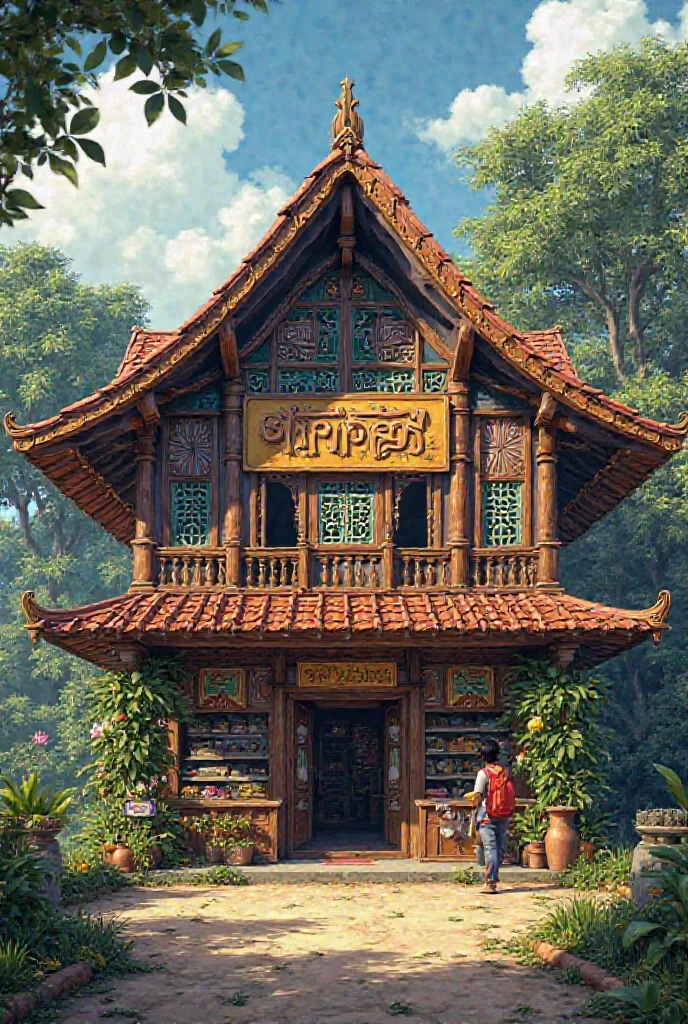A large, eye-catching illustration of a traditional Indonesian craft store in Germany. There are wooden statues of gods with multiple arms, woven baskets, and wooden carvings of animals. The background has a few houses with thatched roofs. The text "Indonesian Crafts" is written in large, bold letters at the top. The text "In Germany" is written in smaller letters at the bottom.