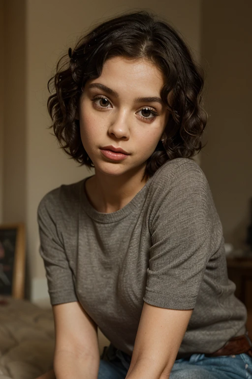 A woman in depression with short curly hair big