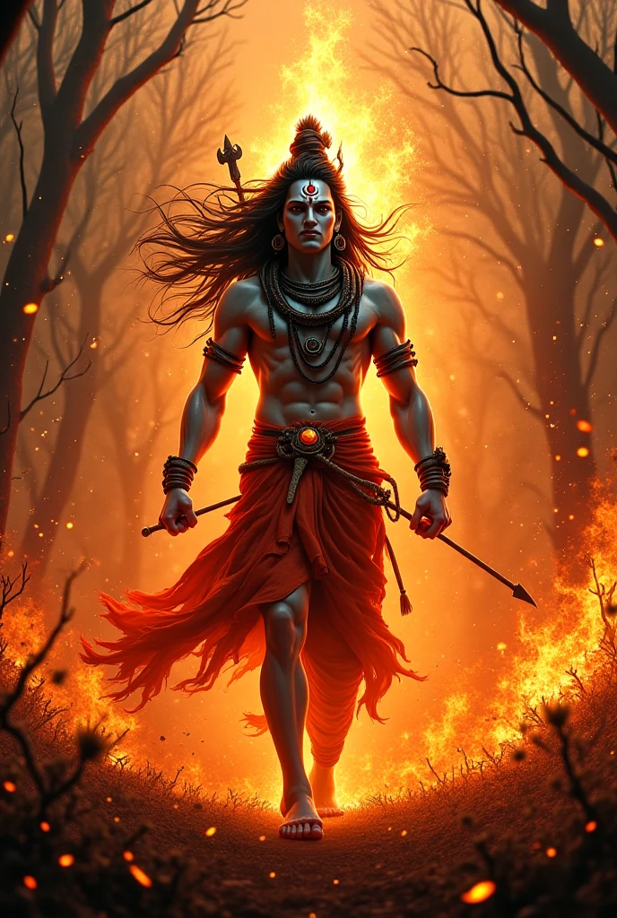 Generate a wallpaper image which has red forest and lord shiva celebreating victory in the centre (small size)