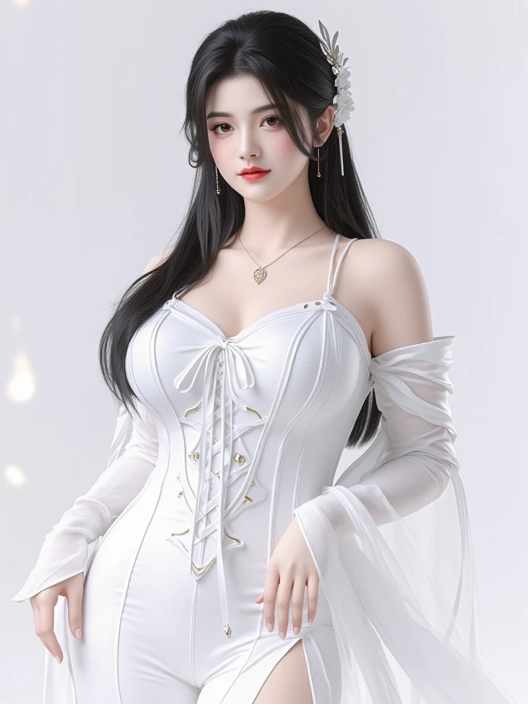 araffed woman in a white dress with chains and a belt, a beautiful fantasy empress, 8k high quality detailed art, extremely detailed goddess shot, very detailed and high quality, hyperrealistic full figure, large bust, japanese goddess, goddess. extremely high detail, beautiful alluring anime woman, really large bust, ((a beautiful fantasy empress)), giant stunning goddess shot