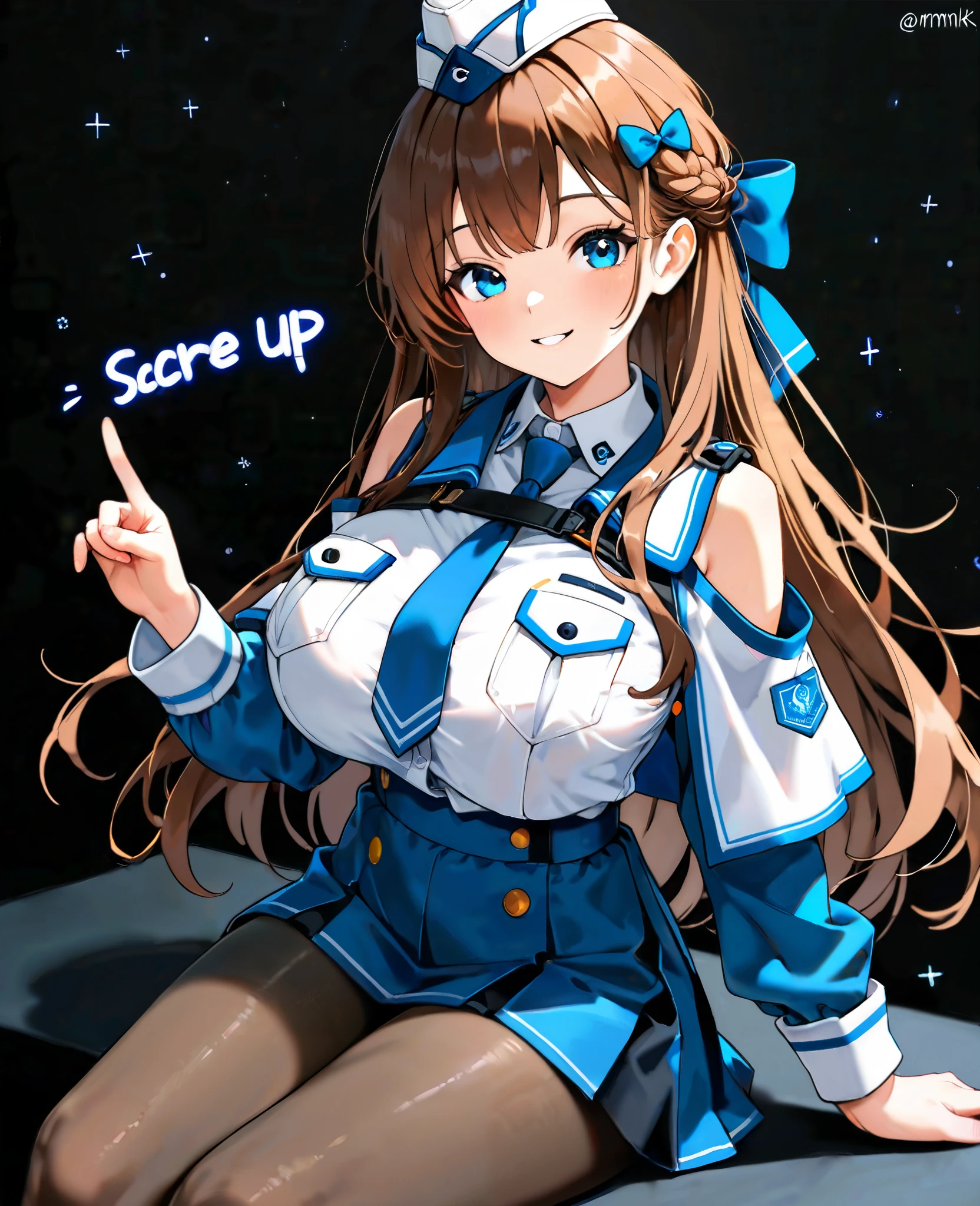 score_9, score_8_up, score_7_up, source_anime BREAK 1GIRL, Alone, mrnnkk, blue eyes, brown hair, long hair, bungs, big breasts, garrison cap, blue ribbon, hair bows,  blue tie, collar shirt, white shirt, sleeveless,  chest pocket , detachable sleeve, capelet, blue skirt, black, pantyhose, smile, Viewers, parted lips