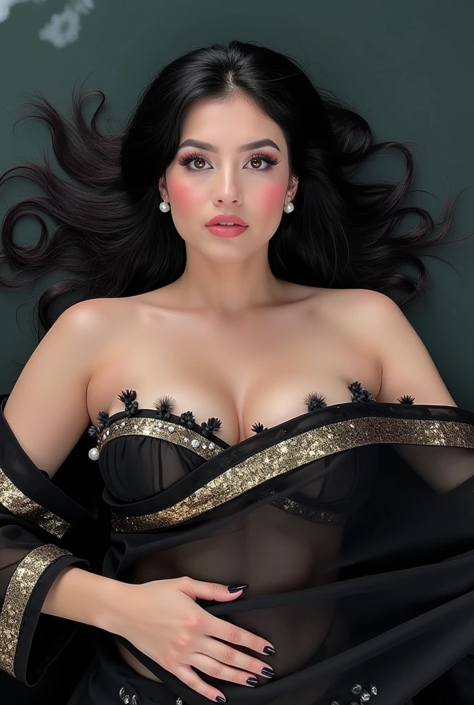 ultra realistic 8k cg, picture-perfect face, flawless, clean, masterpiece, professional artwork, famous artwork, cinematic lighting, cinematic bloom,
super realistic 8K, Perfect, clean , masterpiece, Professional artwork, famous artwork, face perfect,
23yo girl, solo, alluring step mom,(sexy Bangladeshi women:1.2),
beautiful woman,very sexy appearance, seductive , rosy cheeks, smooth skin,
huge breasts, smooth face, detailed face, smooth skin,shiny skin,highly detailed face, detailed face, perfect proportions, well-proportioned body of six heads, huge breasts, thin waist, navel, big butt , crotch gap, large thighs,mature,toned legs, long neck, big ,detailed hair, ,detailed breasts, slim waist,beauty, long eyelashes, hourglass body, juicy lips,Beautiful expression, beautiful eyes,
Looks good with straight long hair,
Black hair, long hair, silky hair, detailed bangs, (hair between eyes:1.2),
((Light olive eyes:1.2)),
gorgeous bright neon blue eye makeup and thick black winged eyeliner, peachy matte lipstick, looking into the camera,
detailed eyebrows,
(hourglass body:1.3), ultra detailed, best illustrated, showing off, seductive_pose, sexy eyes,full-body_portrait, Intrinsic exquisite details of (eyes, hair, skin, face, hands, fingers, anatomy), stunning otherworldly beauty, sexy pose,
She is wearing (Aqua Sheer Lace Saree:1.5),(Black String Bikini:1.5),
full and juicy lips(dark red lipstick), belly jewelery, pearl necklace, pearl ear_rings, perfect fingers and nails, red_fingernails, golden ratio, seductive_pose, big_boobies,deep cleavage,
,professional photoshot, incredibly beautiful woman in the form of a 'Desi Milf', elegant wild beauty and attractiveness, seductiveness and inaccessibility, beautiful, photoshot for Vogue magazines, sensual, ultra detailed, ,mature female,1 girl,cowboy_pose,naughty, (iu:0.8),cleavage,