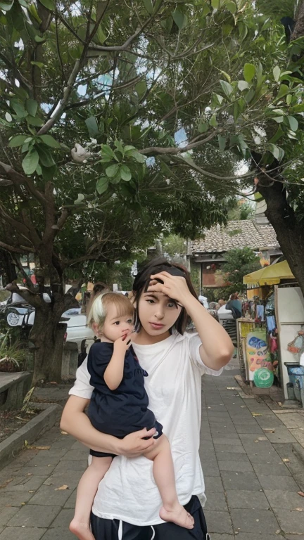 1womanl, 1 a 3 year old boy,both with black hair,white skin tone,flushed cheeks and lips,honey-colored eyes, fluffly,in park