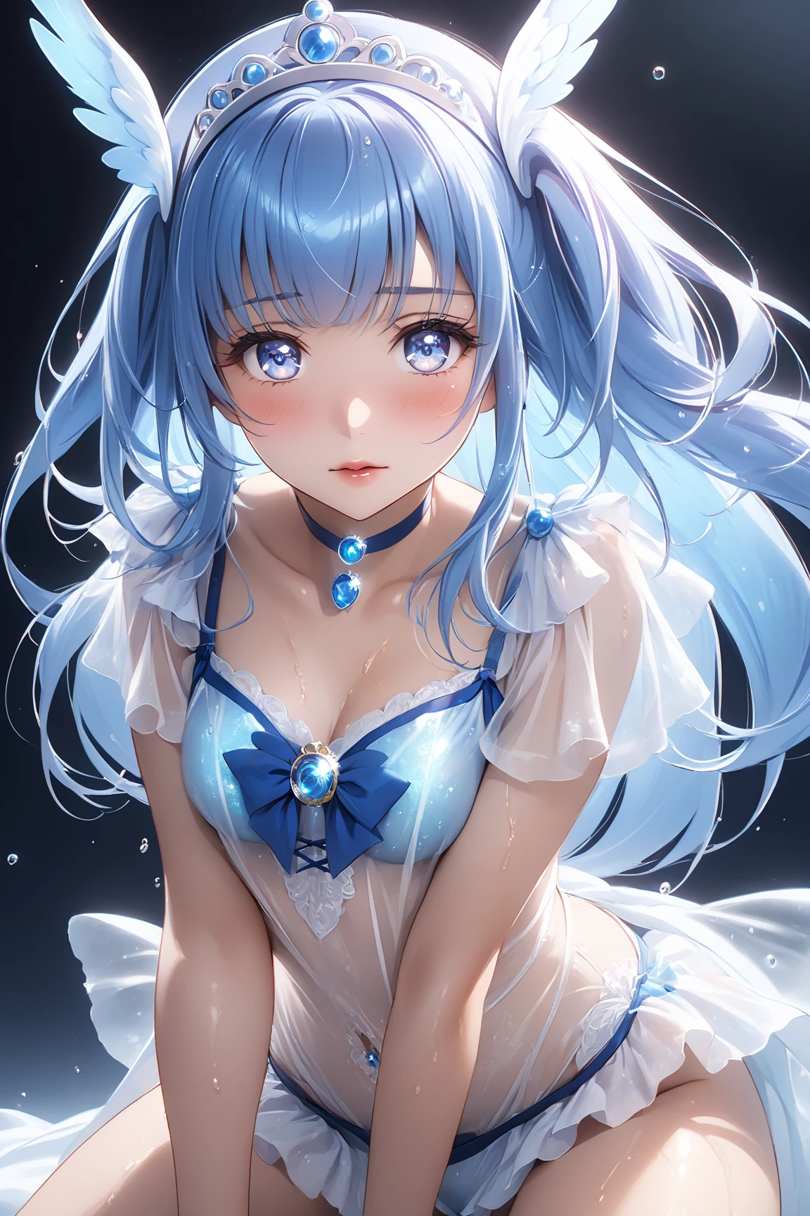 Light blue long pony tail girl diamond eyes diamond cat ears 2 diamond cat tails wearing diamond bikini