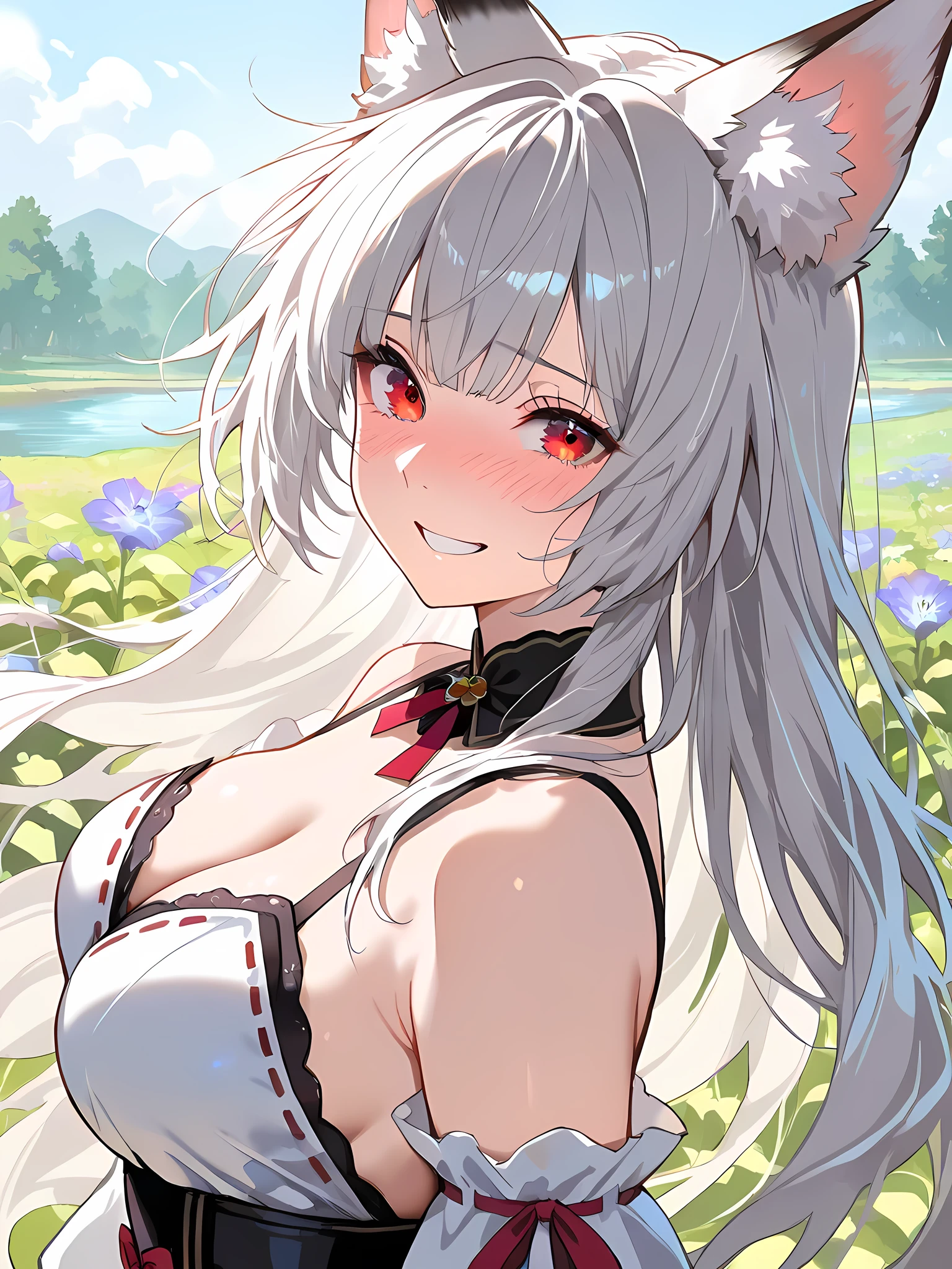 ((best quality, masterpiece, perfect anatomy, detailed picture)), furry, 1female, arctic ferret, sexy, long white hair, ponytail hair, grey eyes, black sclera, ferret tail, summer outfit, panties, red blushing, shy, in the cherry blossom trees, pregnant, pain, breath, uncomfortable, standing