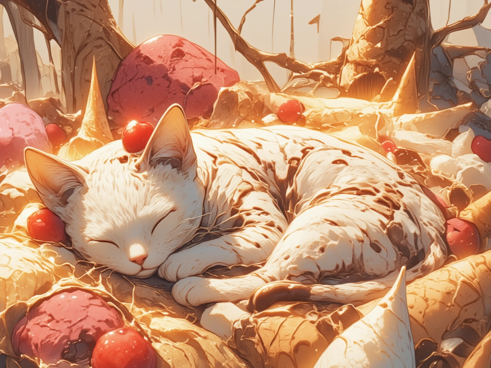 It depicts a scene in which a kitten appears in the most adorable way. His little body, soft and fluffy, is made not of fur, but of ice cream with the finest taste. The thick and creamy aroma of vanilla forms the undercoat, and curls of chocolate and strawberries flow over its body, creating a mesmerizing pattern. This edible cat has a cherry on its head, and its shiny skin contrasts with the icy sweetness underneath. There is a bed under this frozen kitten, but not just a bed. The bed made of waffle cones is a masterpiece of taste and comfort, the perfect cradle for an ice cream kitten. Each cone, baked until golden brown, is laid out in such a way as to emphasize the shape of the kitten, creating a cozy crispy nest. A kitten sleeping peacefully, curled up, is the centerpiece of this edible fantasy. His eyes, closed in serene peace, are dark chocolate in color, contrasting vividly with the pale tenderness of his face. There is a whimsical calmness in this scene, a mixture of warmth and coolness, fleeting joy from dessert and constant homely comfort. Every element, from the texture of the ice cream to the aroma of the waffle cone, is conveyed with such clarity that you can almost taste the adventure. This is a world where dessert merges with dreams, a paradise of sweetness and sleep.