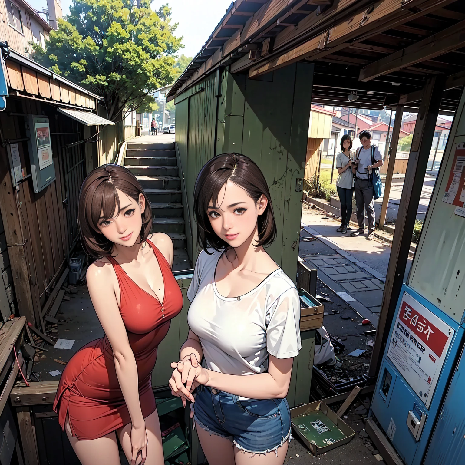 ((midynight, best qualtiy, 8k, tmasterpiece :1.3)), full bodyesbian, long leges, Sharp focus :1.2, A beautiful woman with a perfect figure :1.4, Slender abs :1.1, ((dark brown hair, gigantic cleavage breasts :2.5)), (white tight t-shirt, Denim bib, standing on your feet:1.2), (nighttime scene, the roof:1.3)), Highly Detailed Face and Skin Textur, Fine Eye, 二重まぶた