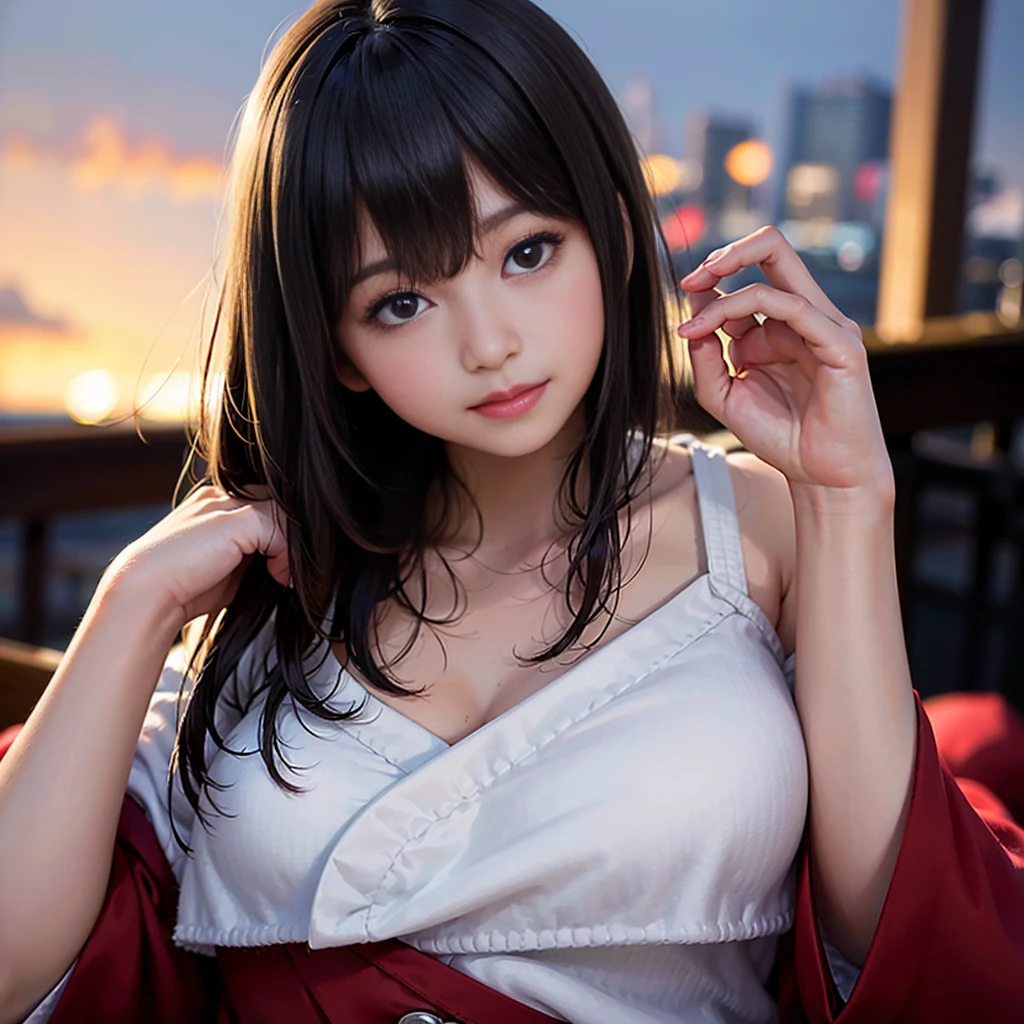 1girl, japanese, smile, Looking at Viewer, (8k, RAW photo, best quality, masterpiece:1.2), (realistic, photo-realistic:1.4), (extremely detailed 8k wallpaper), sharp focus, depth of field, blur background, bokeh, cinematic lighting, soft light, break,
20 years old, break,
close up, (from below:1.1), (leaning forward:1.5), (hands on knees:1.3), break,
bbfumika, idolmaster, long hair, hairband, collarbone, necklace, cleavage, off-shoulder sweater, white sweater, red shawl, blue skirt, break,
outside, clear sky, 