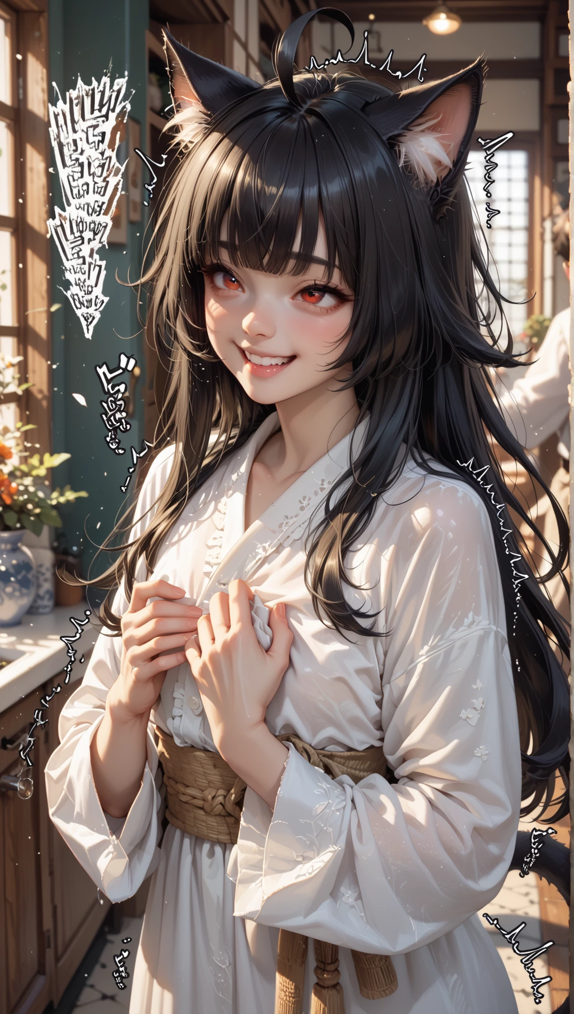 masterpiece background,High resolution,of high quality,8K
(cat girl, cat black ears)), (red eyes), (long hair), (( black hair, (Ahoge), straight bangs,)
(smile,orgasm face)
(mini fold)
(hold the waist)
((Standing from behind))
(shaking,motion blur)
(hands covering his own nipples)