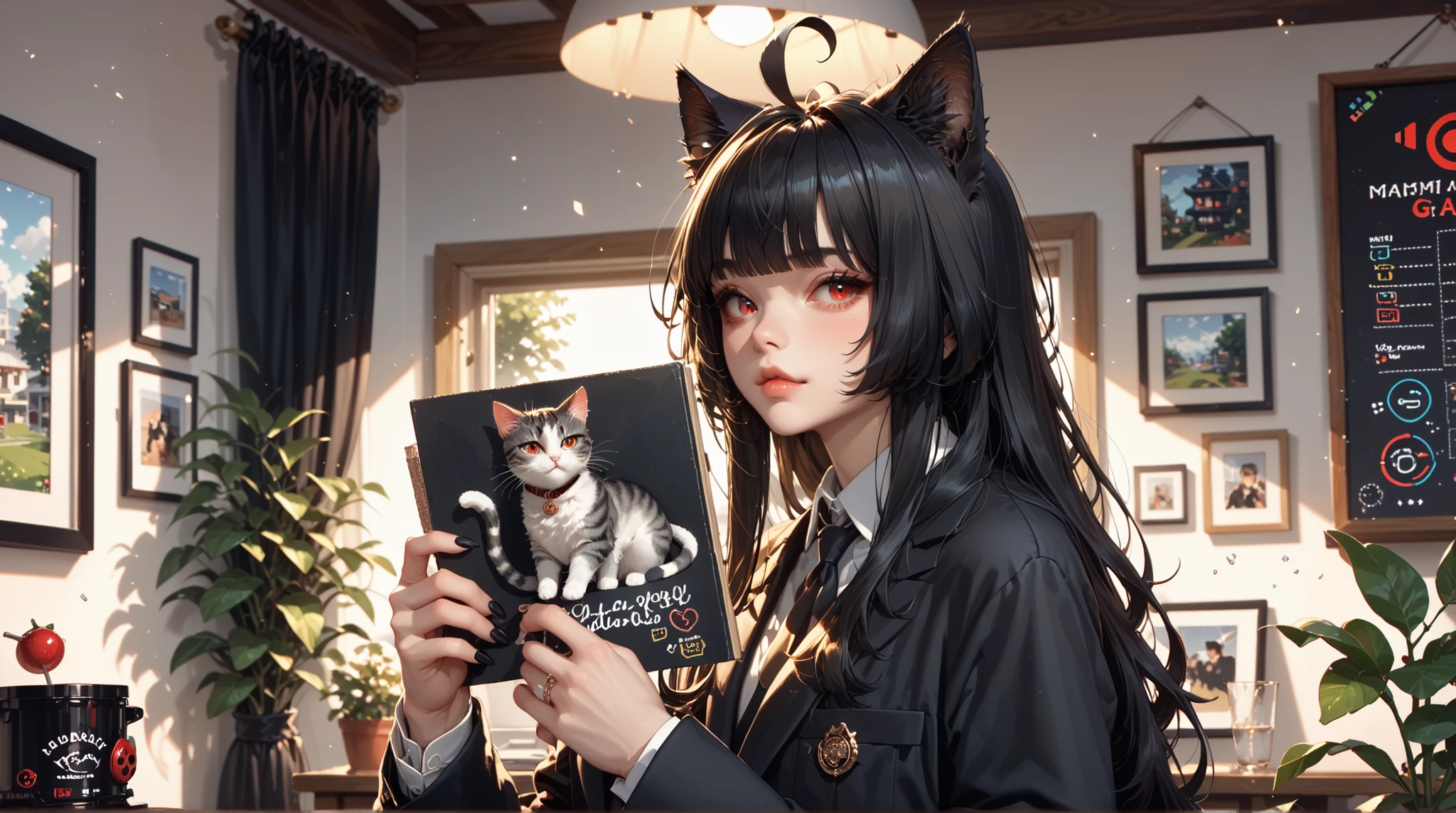 Beautiful Girl ((cat girl, cat black ears)), (red eyes), (long hair), (( black hair, (Ahoge), straight bangs,)),, black suit, Holding a blackboard with the words "PixelChibi " and showing it to the spectators, (Background a gamer girl's room)