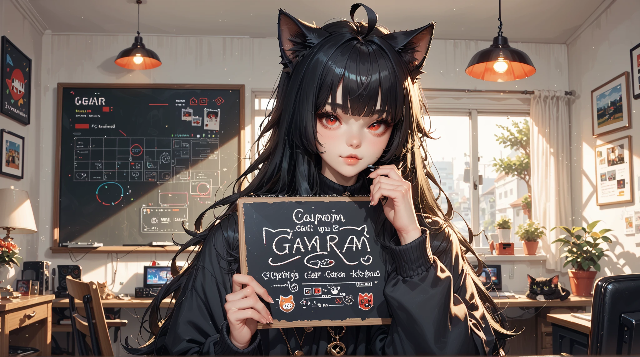 Beautiful Girl  ((cat girl, cat black ears)), (red eyes), (long hair), (( black hair, (Ahoge), straight bangs,)),, black suit, Holding a blackboard with the words "PixelChibi " and showing it to the spectators, (Background a gamer girl's room)