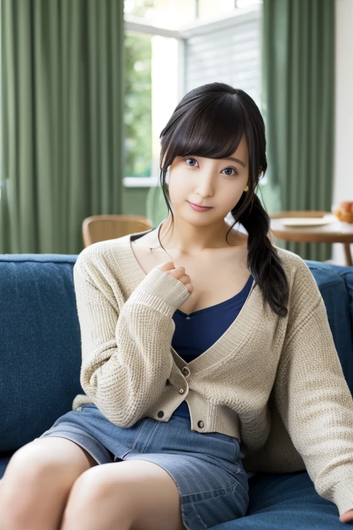 Japanese beautiful girl、14 years old、hatsuharu、beige cardigan、Spinning、black hair、gentle expression、jeans、
