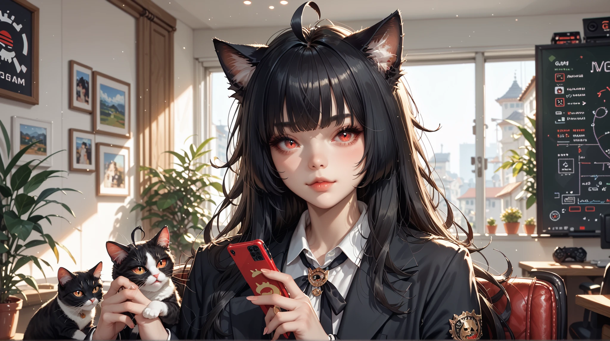Beautiful Girl  ((cat girl, cat black ears)), (red eyes), (long hair), (( black hair, (Ahoge), straight bangs,)),, black suit, Holding a blackboard with the words "PixelChibi " and showing it to the spectators, (Background a gamer girl's room)