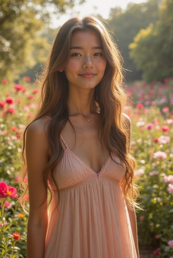 A 35-year-old woman standing gracefully in a blooming garden during the golden hour, softly lit by the warm sunset light. She poses slightly sideways to the camera, with one leg crossed in front of the other, one hand resting on her hip, and the other gently touching her hair. The angle is slightly low, emphasizing her height and confidence, with her face glowing beautifully. The background features blurred flowers, greenery, and a hint of a rustic wooden fence, creating a dreamy bokeh effect. Subtle details include a soft breeze ruffling her hair and a few petals falling around her. Photographed with an 85mm lens, capturing the elegance, beauty, and empowerment of the moment.