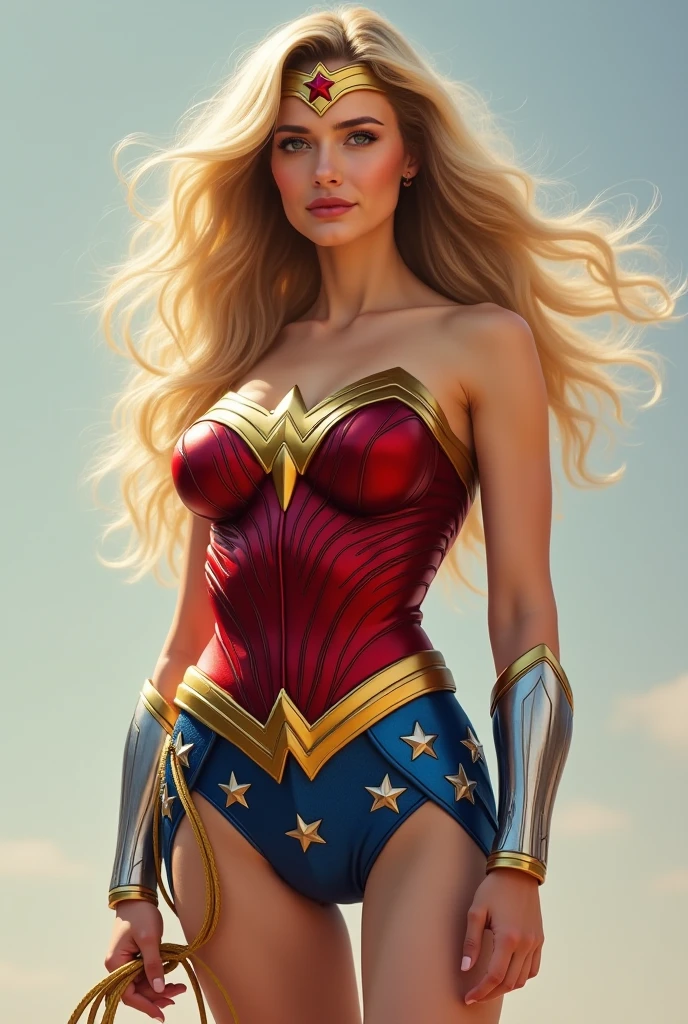 full-body potrait of a beautiful photorealistic woman. Margot Robbie as wonder woman. super realistic costume, medium length blonde hair. Fringe. Slim body. Toned arms. Huge bust. Black choker on the neck. Like A Wonder Woman, 1 Girl, Solo, No Duplications, Perfect Anatomy