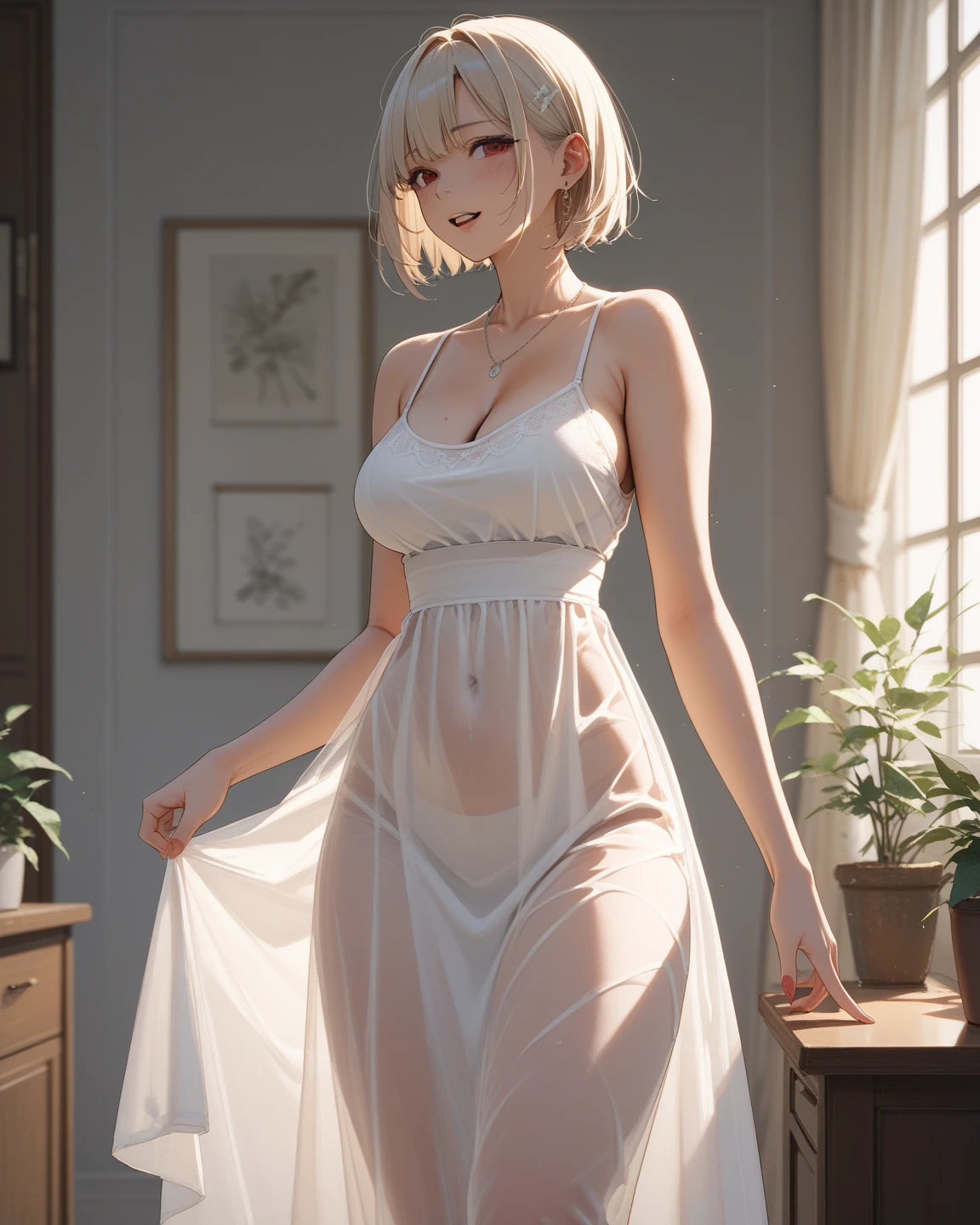 master part, best quality, extremely high quality, altamente detalhado, Beautiful, detalhes intrincados, Absurdo, 1girl, sozinho, blonde hair, olhos azuis, vestido branco, medium breasts, corar, (surpreso:1.2), Futanari, venoso , (medium :1.1), large testicles, sem calcinha, ao ar livre, restaurante, Public Indecency, de baixo, Como, sem calcinha, excited and visible nipples, visible clitoris