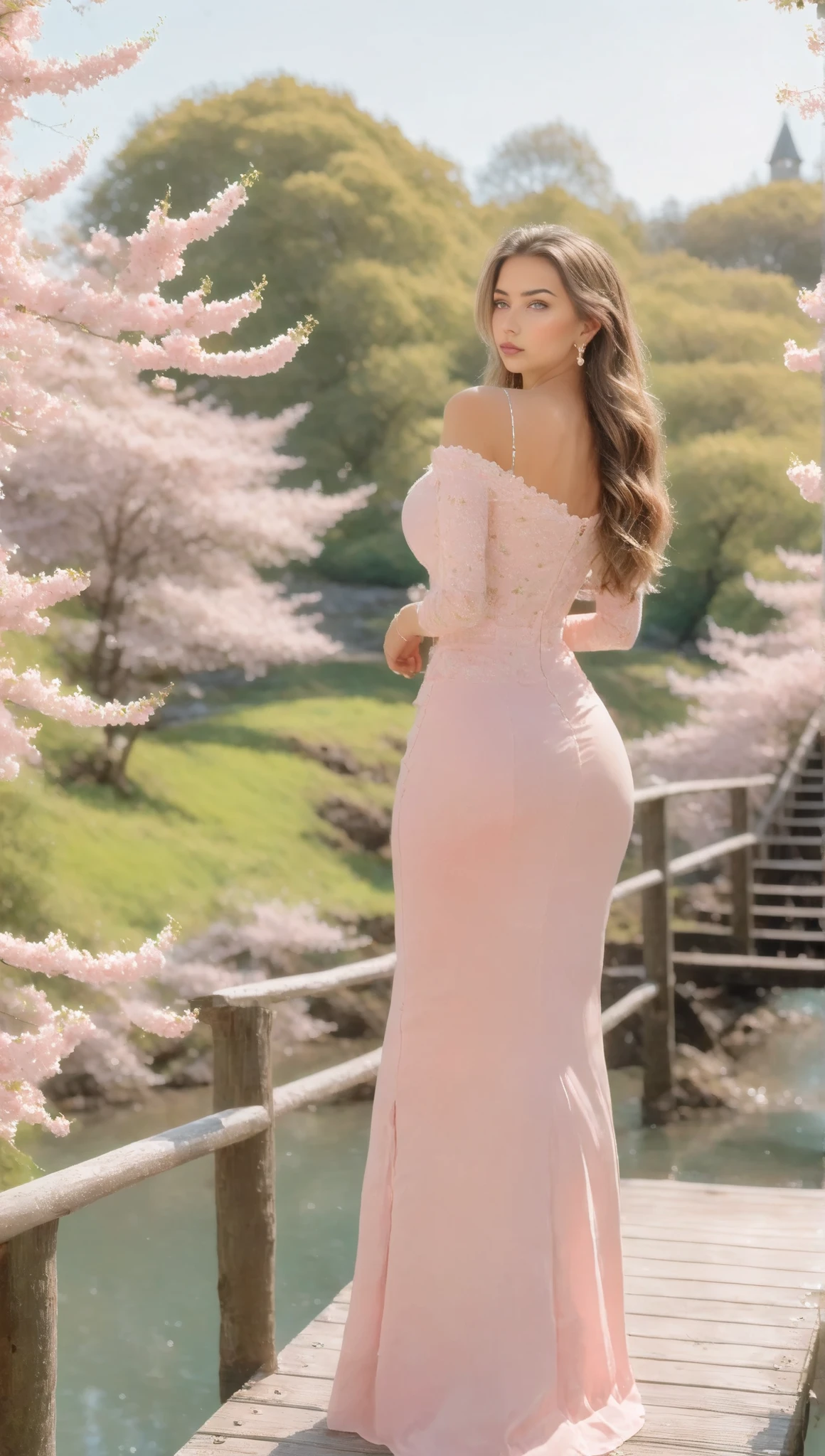 A stunning young woman with long, wavy brown hair is standing on a wooden bridge by a tranquil river. She is dressed in a light pink, tight-fitting outfit with floral designs, consisting of a crop top and leggings that accentuate her slim figure. (View from behind:1.7). She is adorned with delicate earrings featuring flower motifs and a simple necklace. The background reveals a picturesque scene with a lush, green landscape, a distant mountain range, and a clear, blue sky dotted with a few fluffy white clouds. The bridge has a charming, old-world appeal, and there are flowering trees with vibrant pink blossoms nearby, adding a touch of natural beauty to the setting. The lighting is bright and natural, highlighting her flawless, fair skin and making her appear radiant. Hyper realistic photo, 16k, vibrant colors