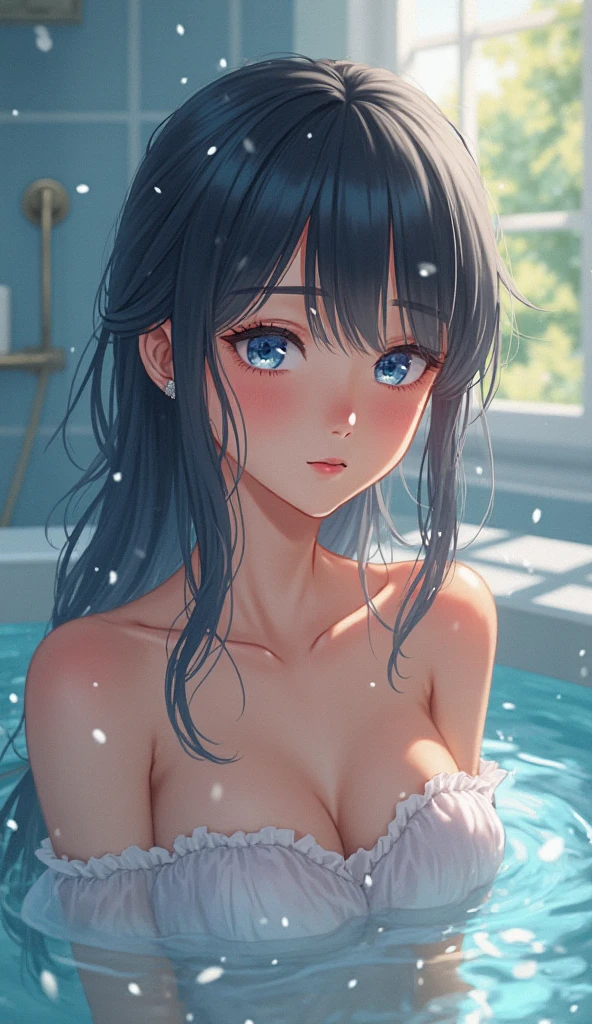 masterpiece、Highest quality、High resolution、Official artwork、back track rich,Long Hair、Blue eyes、Glowing Skin、Light background、Topic Emphasis、Soft and natural lighting、Creating a dreamy and magical atmosphere。shower room、hair ornaments、鬠红、Closed lip makeup、lipstick、(Heavy makeup)、((Beautiful breasts、Small breasts))、High Leg、Wearing a micro bikini、Kneeling、