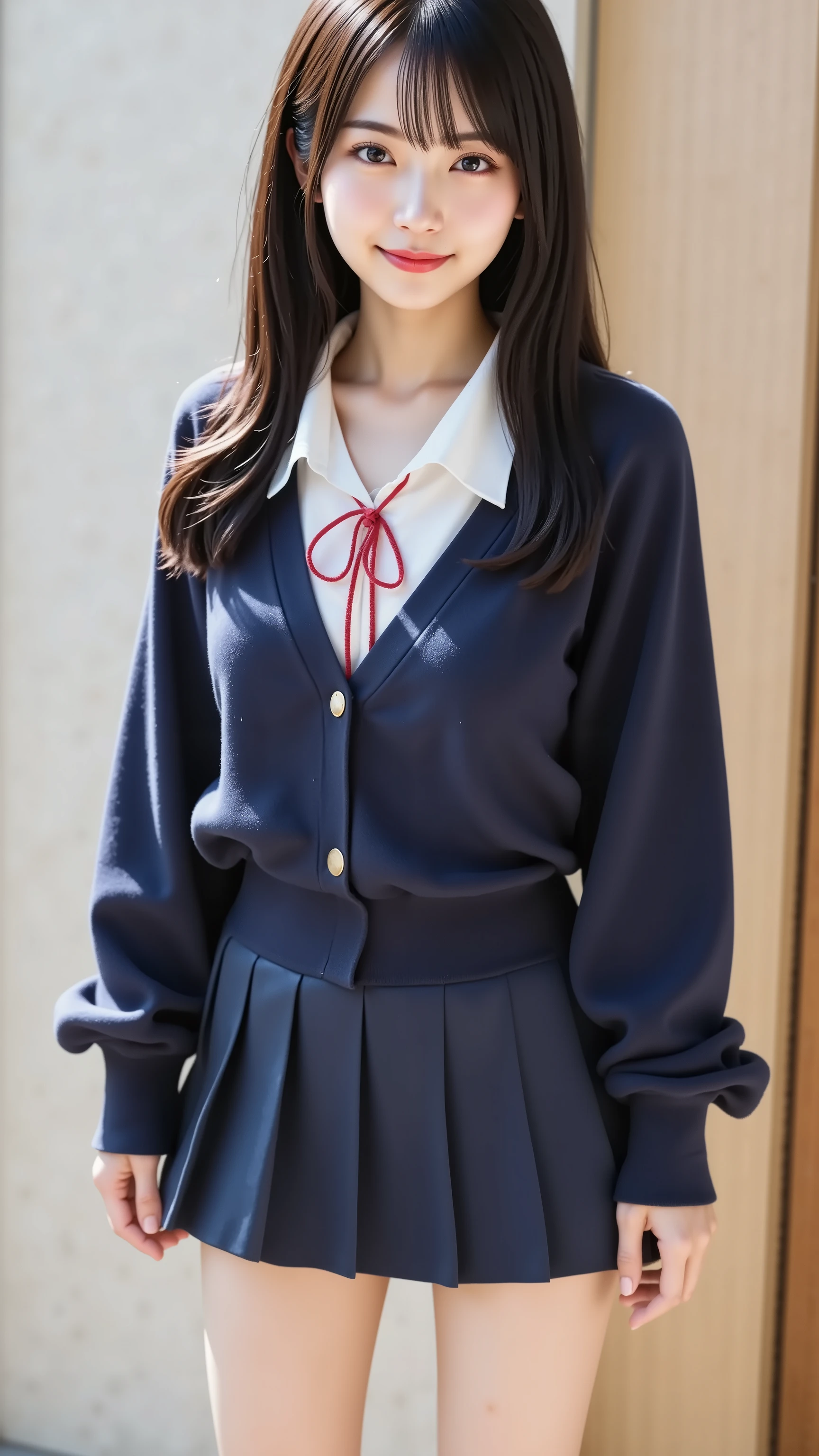 A highly detailed, ultra-realistic digital illustration of a beautiful young Asian woman, depicted from the thighs up. She has long, silky black hair with soft bangs that gently frame her delicate face. Her clear, luminous skin is highlighted by soft, even lighting, and her warm, inviting smile adds to her charm. Her large, expressive eyes are enhanced by natural, elegant makeup, emphasizing their depth and vibrancy.

She is wearing a classic Japanese high school uniform, featuring a well-fitted, soft navy-blue cardigan with a V-neck design and neatly buttoned front. The sleeves are slightly oversized, giving a relaxed and cozy appearance. Underneath, she wears a neatly pressed white dress shirt, with a red ribbon tied elegantly at the collar. The cardigan drapes naturally, adding warmth to her ensemble. She pairs it with a short pleated mini-skirt in matching navy blue, which sways slightly as she moves. Her toned, slender legs are visible, and she is also wearing dark navy knee-high socks, complementing her polished black loafers.

The background features a minimalist, neutral-toned wall with subtle texture, creating a soft contrast against her attire. The lighting is gentle and evenly distributed, casting natural highlights and soft shadows that enhance the depth and realism of the scene. The composition is well-balanced, with the subject positioned centrally, ensuring that her entire upper body and outfit remain clearly visible. The image is rendered in stunning 8K resolution, capturing every intricate detail with lifelike clarity.