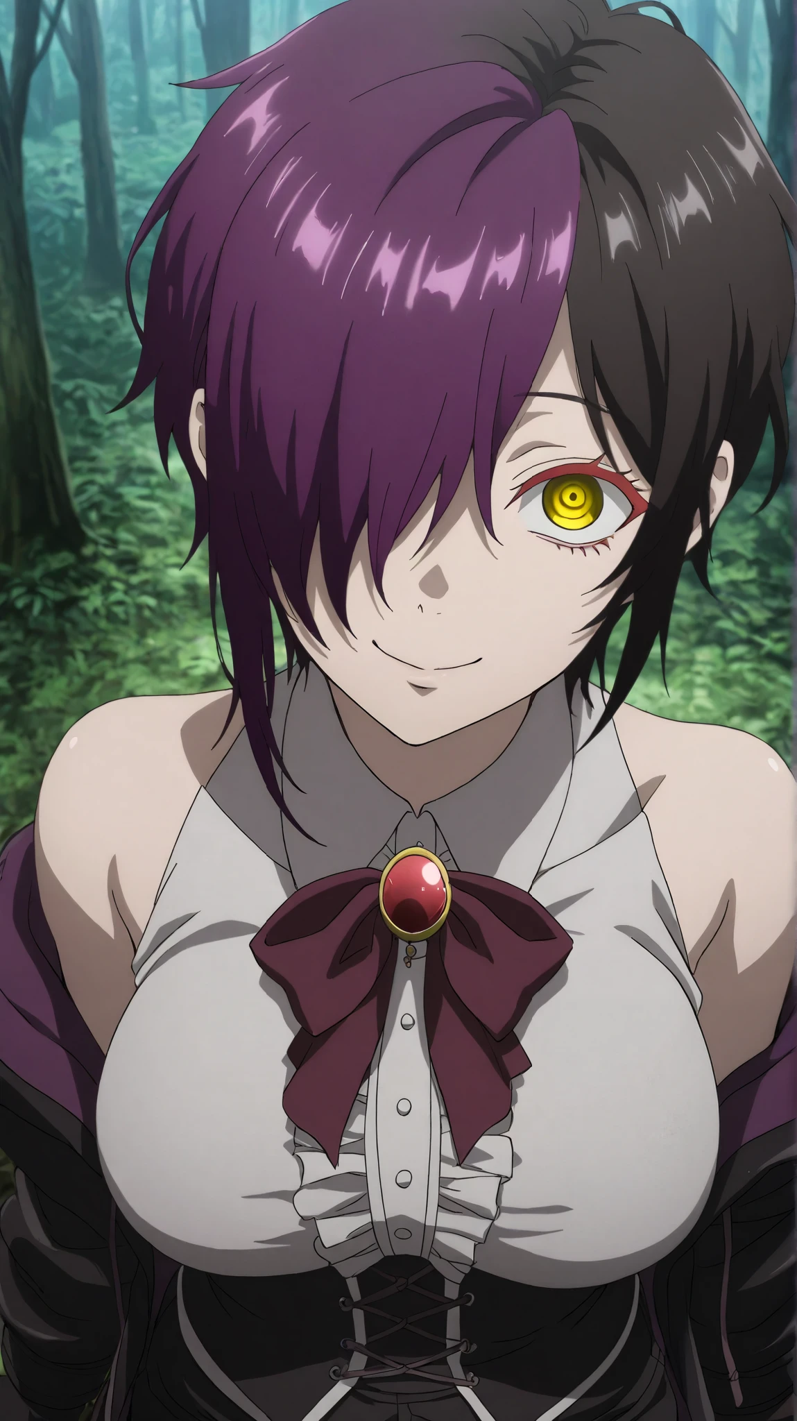 nihiro ,ishura
High quality , best quality , masterpiece, High Resolution , anatomically correct,anime Coloring
Detailed hair color(LoRA:nihilo), Detailed Hairstyle(LoRA:nihilo)
1girl,solo, Cool woman, adult
, black hair, purple hair, streaked hair (hair over one eye ,purple hair,),hair over one eye, yellow eyes, red eyelashes, short hair, breasts
, white collared shirt, sleeveless, off shoulder, black open coat, center frills, wine bowtie, red brooch, black corset, black short shorts, black gloves,
looking at viewer , close-up,upper body,from above
, Forest,,
, expressionless, cruel smile,crazy eyes
