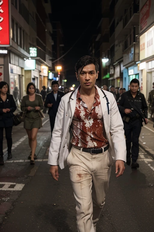 A skinny Japanese man in a morning suit was found dead and lying on the concrete outside.、His clothes and face were covered in blood and it was awful.。The entire body is photographed from above, in a frontal composition.。