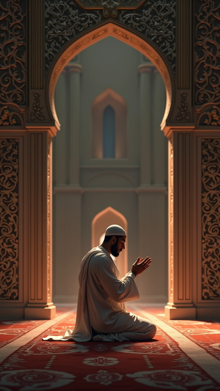 View of a Muslim praying in a mosque, with a focus on tranquility and service in worship.