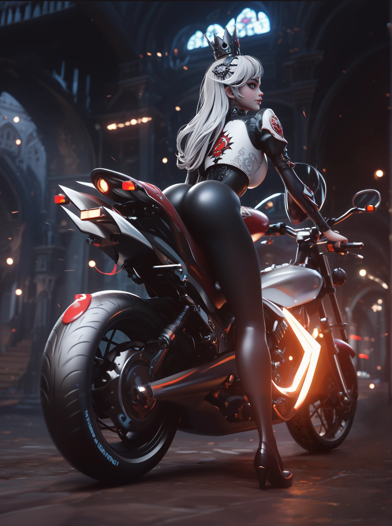 Pixar style, a young woman riding a sleek motorcycle, wearing a red leather jacket over a black bodysuit. Her hair flows in the wind as she speeds forward, eyes focused with determination. The background features a towering Gothic castle with intricate stone carvings, pointed arches, and looming spires. The scene is dimly lit, with a moody atmosphere enhanced by mist swirling around the castle grounds. Dramatic lighting, cinematic composition, Unreal Engine 5, high detail, dynamic shot, motion blur on the motorcycle, gothic fantasy aesthetic.