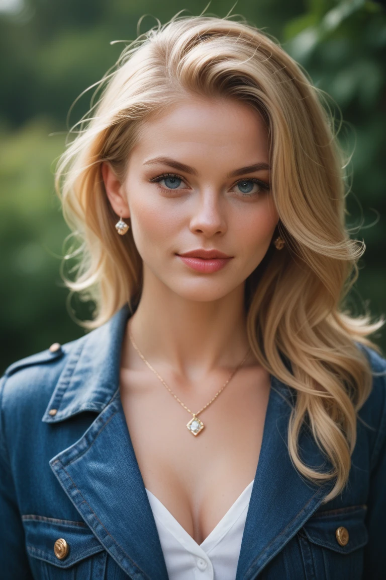 Blonde beauty with long, silky, golden locks shines in the frame, her hair cascading down in soft waves. Her blue eyes, full of life and expression, capture the viewer's attention. The image is taken with a high-quality camera, using a 24mm lens and a low depth of field, creating a bokeh effect that accentuates her beautiful features. Her smile is radiant, and her skin glows with a natural, healthy glow. Her outfit is a beautiful white blouse, with a delicate neckline that shows a hint of cleavage. She accessorizes with a delicate necklace and her hair is styled in loose curls that drape over one shoulder.