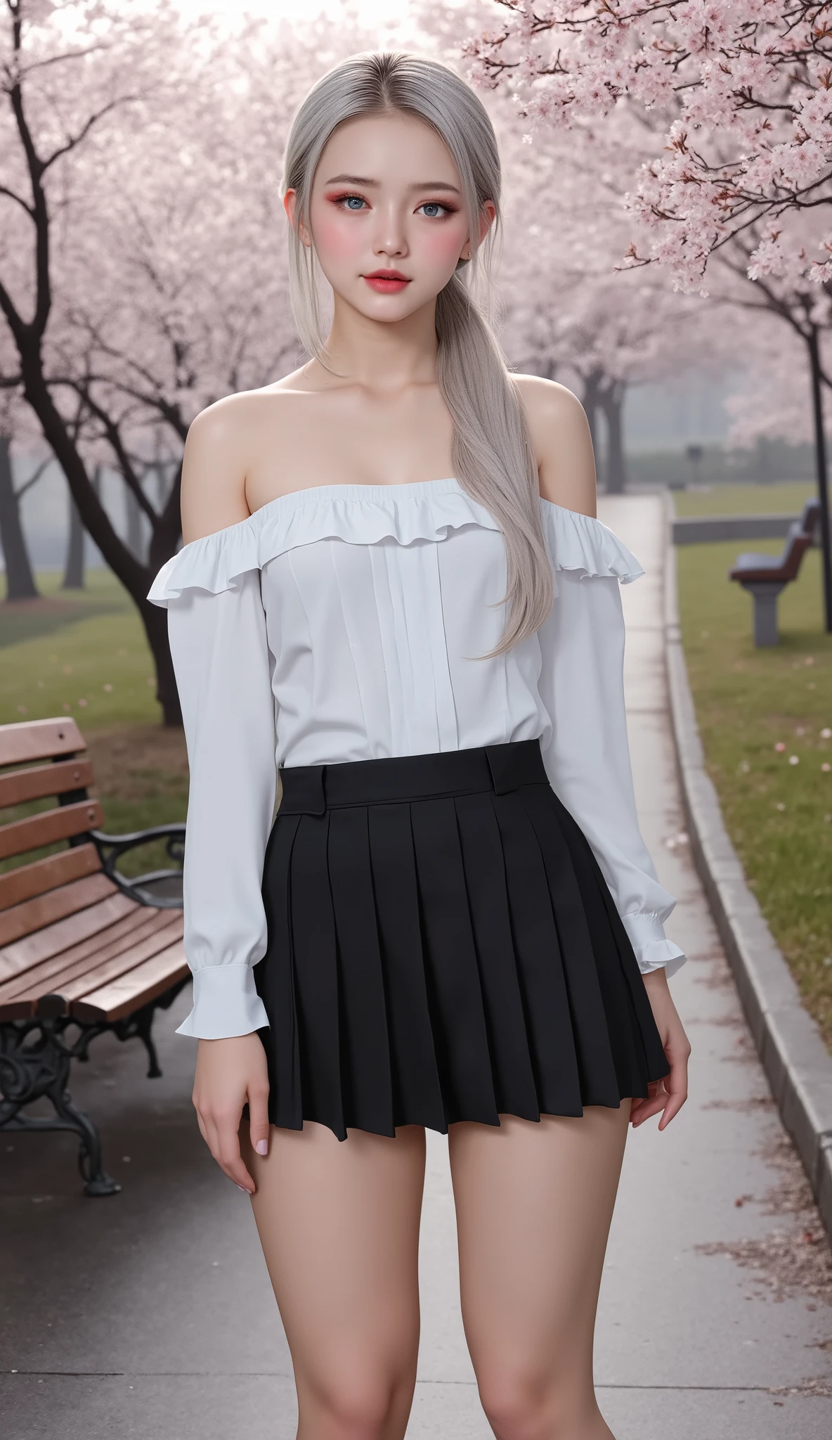 ((Park bench with cherry blossom trees in full bloom))Top quality work, fine facial features , detailed face, detail eyes, 青white skin, ( formal dress, Bare legs, stiletto heels), (with bangs open and incontinence on your own while standing, feet away , Urine puddle:1.2), outdoor, , Censorship off , fine facial features , detailed face, detail eyes, 青white skin, ( Bare legs, stiletto heels), (with bangs open and incontinence on your own while standing, feet away , Urine puddle:1.2), outdoor, , Censorship off ,),Actual Work、Ultra Premium Graphics、8K HD CG Works、 high quality graphics 、 high-resolution CG work 、10x pixels、extremely fine details:1.1、Advanced technical details:1. 1 photorealistic 、natural light:1.5。(空を見上げているgirl) 、((Blond white hair、long hair)),(ponytail)Light effects( VIRTUAL LIGHT EFFECTS:1.8)、、Transparent Hair、hair with great attention to detail(Premium Hair Detail:1.1)Clear Eyes、beautiful double eyelids of a man with one woman、Sharp Eye Makeup(RAW shooting、Photorealistic Happy Faces:1.5、8k、best quality、masterpiece、Ultra High Resolution with Oil Painting)、Perfect Dynamic Composition:1.2、Night Street Corner、looks up at the sky:1.3、()、Highly Detailed Skin and Face Textures:1.2、slim high school girl wet in the rain:1.3、sexy beauty、perfect style:1.2、Aesthetic Sense and Beauty、white skin、 very pretty face、(wet hair:1.4、wet hair:1.2)、Water drops on skin、(Big Breasts、 chest gap)、(Laugh While Shy、Expression When You Feel Intense Caress、Expression of Pleasure)、(Beautiful Blue Eyes)、perfect body、 Perfect Fingertips 、best quality、Live-action film、Ultra Premium Graphics、8K HD CG Works、Hi-Vision Graphics、Hi-Vision CG Artwork、10x pixels、 Ultra Fine Details :1.1、Advanced Technical Details:1.1、Photorealistic Shisou、(fine eyebrows)、(high nose)、( beautiful red lips )、(Rose Cheek)、(Subtle makeup face)、(girl)、(cute faces)、(perfectly balanced face)、(Light-toned Foundation)、(Enhance skin clarity),((Off Shoulder、Wet White Blouse))、(( Black Flare Miniskirt ))、blue eyes、銀髪のgirl、
