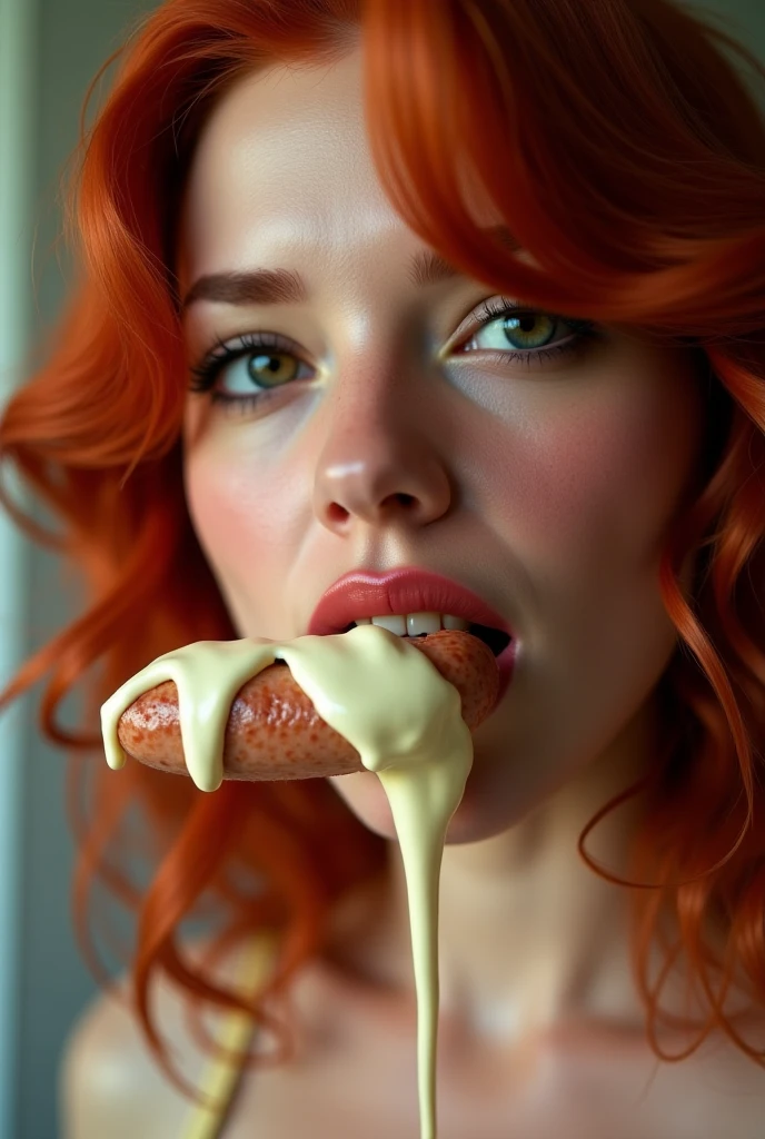 ultra realistic, photography, portrait, upper torso, red haired girl, 20 years old, hourglass figure, perfect body, supermodel, long legs, tongue licking popsicle, seductive