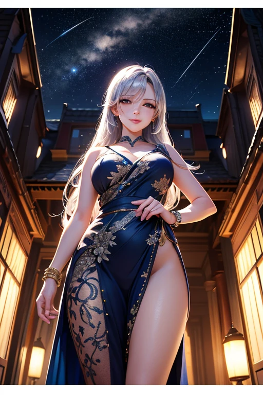 (8k, best quality, masterpiece: 1.2), 1 girl, hair ornament, portrait, (long loose silver revealing dress: 1.1), necklace, blue nails, cute, cityscape, night, rain, wet, professional lighting, photon mapping, radiosity, physical rendering, (mature woman: 1.1), (stretched and intricately detailed clothing, hair ornament: 1.2),