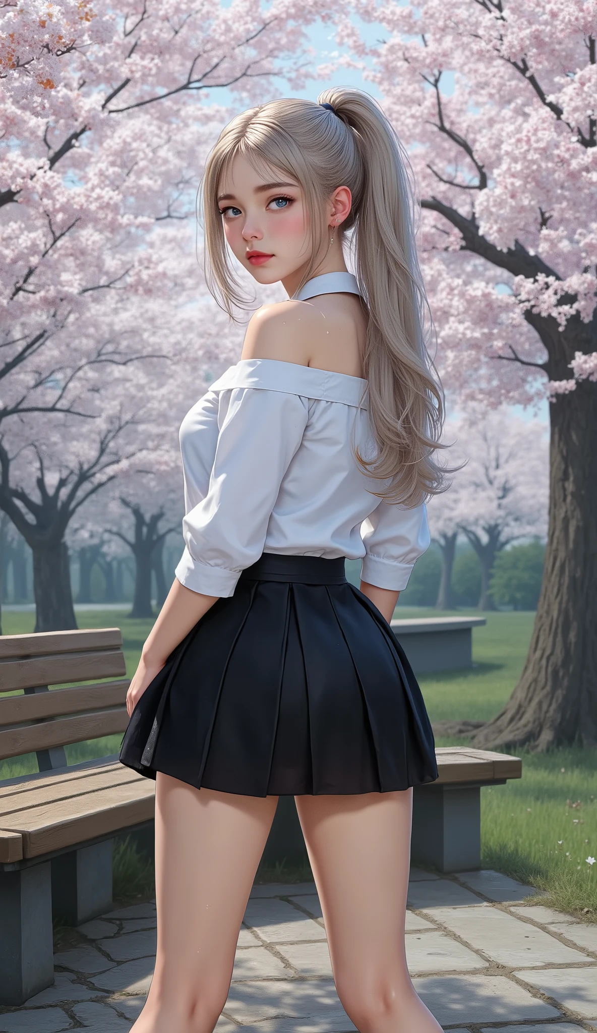 Incredibly realistic and highly detailed of a cute schoolgirl standing outdoors. She is wearing a very small, tight and short pleated plaid skirt, which falls just above her butt, showing her perfect, skinny butt, wearing a super sexy pink string thong tucked between her buttocks, with an unbuttoned white blouse, Sin bra, which hugs your figure perfectly. Knee high stockings, very sexy round butt, toned thighs, beautiful legs, complement her white sneakers. Her hair is pulled back into a ponytail, rendered with photographic precision. She looks back over her shoulder with a playful but realistic expression, and her eyes shine with lifelike detail. big, full red lips, high perspective, long blonde hair, blue eyes, beautiful and detailed face and eyes, Lighting, shadows and textures are rendered with ultra-realism, full body image, body in incredible shape (masterpiece, High resolution, ultra detailed, best quality: 1.2),. Ultra-realistic, high resolution (8k), with an extreme focus on photorealistic textures, lighting and intricate details that make the image realistic, (photorealistic, realistic: 1.2), award-winning, natural lighting, natural shadow, best depth of field, flawless timing: 1.2), (physically based rendering, anatomically perfect: 1.2), anatomically, HD, 8k, high details, super detail, textured skin, 1080P, HD, 8k, high resolution, high details, super detail, textured skin, anatomically correct, precise
