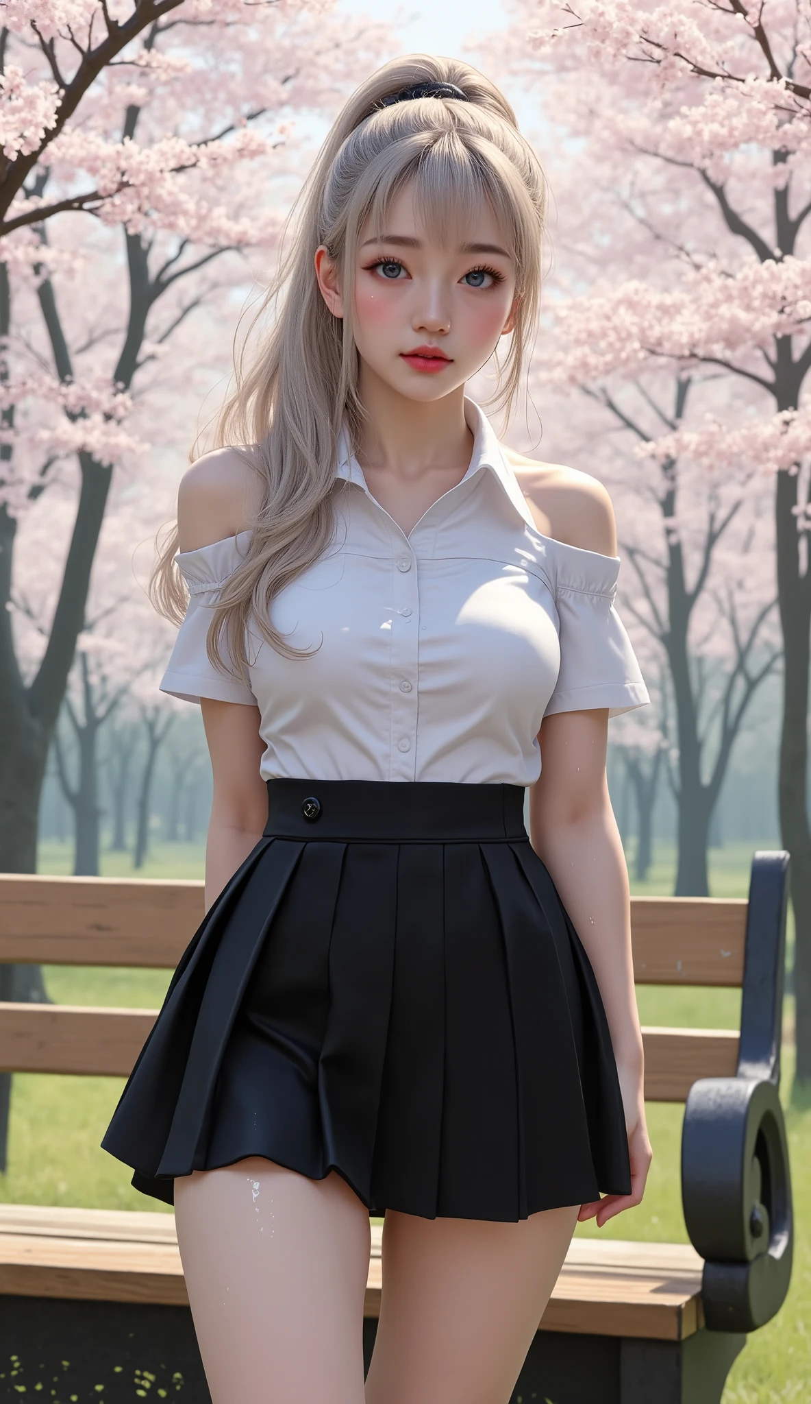 ((Park bench with cherry blossom trees in full bloom))Top quality work, fine facial features , detailed face, detail eyes, 青white skin, ( formal dress, Bare legs, stiletto heels), (with bangs open and incontinence on your own while standing, feet away , Urine puddle:1.2), outdoor, , Censorship off , fine facial features , detailed face, detail eyes, 青white skin, ( Bare legs, stiletto heels), (with bangs open and incontinence on your own while standing, feet away , Urine puddle:1.2), outdoor, , Censorship off ,),Actual Work、Ultra Premium Graphics、8K HD CG Works、 high quality graphics 、 high-resolution CG work 、10x pixels、extremely fine details:1.1、Advanced technical details:1. 1 photorealistic 、natural light:1.5。(空を見上げているgirl) 、((Blond white hair、long hair)),(ponytail)Light effects( VIRTUAL LIGHT EFFECTS:1.8)、、Transparent Hair、hair with great attention to detail(Premium Hair Detail:1.1)Clear Eyes、beautiful double eyelids of a man with one woman、Sharp Eye Makeup(RAW shooting、Photorealistic Happy Faces:1.5、8k、best quality、masterpiece、Ultra High Resolution with Oil Painting)、Perfect Dynamic Composition:1.2、Night Street Corner、looks up at the sky:1.3、()、Highly Detailed Skin and Face Textures:1.2、slim high school girl wet in the rain:1.3、sexy beauty、perfect style:1.2、Aesthetic Sense and Beauty、white skin、 very pretty face、(wet hair:1.4、wet hair:1.2)、Water drops on skin、(Big Breasts、 chest gap)、(Laugh While Shy、Expression When You Feel Intense Caress、Expression of Pleasure)、(Beautiful Blue Eyes)、perfect body、 Perfect Fingertips 、best quality、Live-action film、Ultra Premium Graphics、8K HD CG Works、Hi-Vision Graphics、Hi-Vision CG Artwork、10x pixels、 Ultra Fine Details :1.1、Advanced Technical Details:1.1、Photorealistic Shisou、(fine eyebrows)、(high nose)、( beautiful red lips )、(Rose Cheek)、(Subtle makeup face)、(girl)、(cute faces)、(perfectly balanced face)、(Light-toned Foundation)、(Enhance skin clarity),((Off Shoulder、Wet White Blouse))、(( Black Flare Miniskirt ))、blue eyes、銀髪のgirl、
