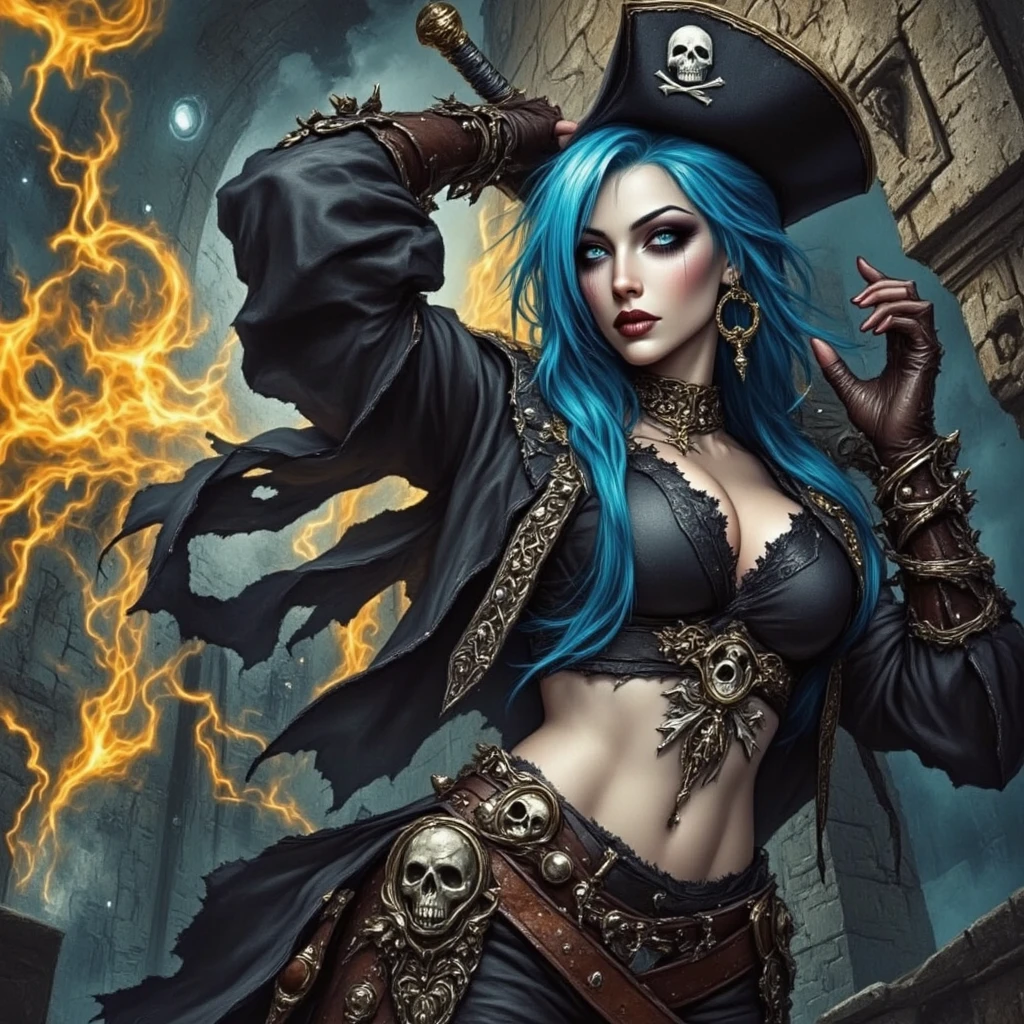 Woman, jellyfish, (feudal middle age:1.1), Slavic appearance, (long straight purple hair gradient pro red), (red eyes), (strong expression look), purple lipstick, fair skin, (black color gothic clothes with red details:1.1), yellow scales on the hands, cinematic lighting, mystical atmosphere, dynamic focus, ultra reality, ultra realistic, ultra quality, real, real texture:1.1, realistic clothes:1.1, 8k insaneres,  absurd, pirate hat
on board a pirate ship like black pearl, stormy weather. god rays, low key lighting, midriff, cleavage, sexy, seductive, teasing, broken ships behind, explosions, fires, lace, see-through