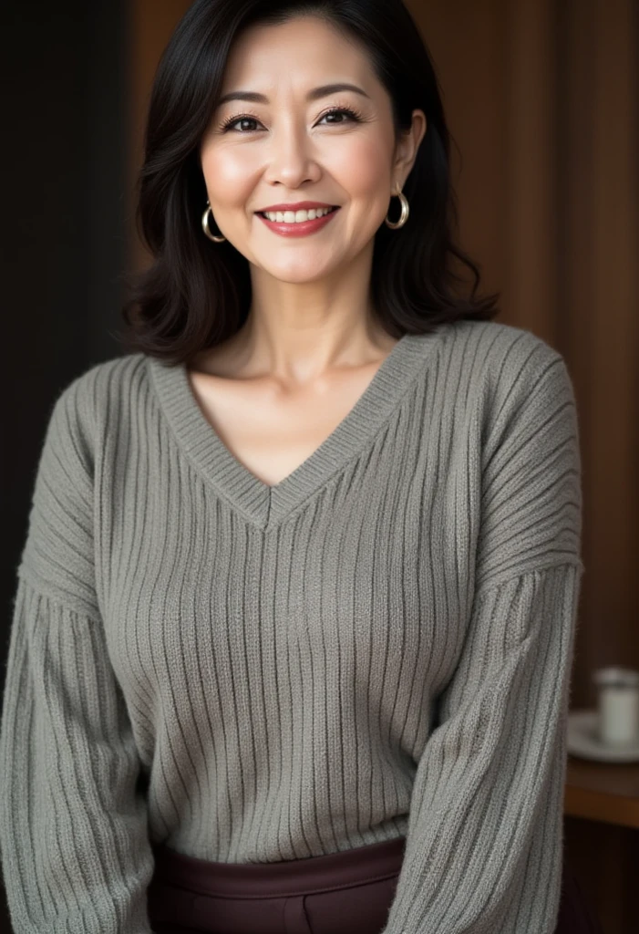 ((Best quality, 8K, Masterpiece, Portrait: 1.3)), (View viewers), Photorealism, Sharp focus, Solo, The Moro Islamic Liberation Front of Japan, Beauty,Wavy hair, Wrinkles at the corners of the eyes, to emphasize, ((Big breasts:1.3))),,30 years old, curlies, (Long-sleeved knitted sweater、skirt by the、、standing on your feet:1.3)