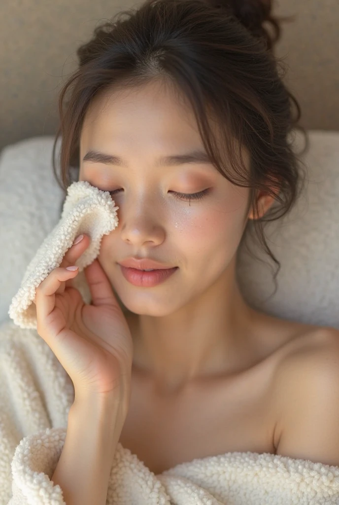 looking at viewer,((Highest quality、Best Quality、Real Humans、)), (Super detailed), (Highly detailed CG uniform 8k wallpaper), Extremely detailed, High definition raw color photos, Professional photography,(((Lying on your back in bed、Photo-detailed nude、Detailed nipples as pictured、Detailed breasts as in the photo、Sweaty、Sweaty chest、Sweaty body after sex、Moist body、Hot face、Sweaty hair、Upper body photo、Apply oil、Sticky with mucus、facial,excessive cum,Covered in semen、、Real semen、)))、Photo from the waist up、smile、