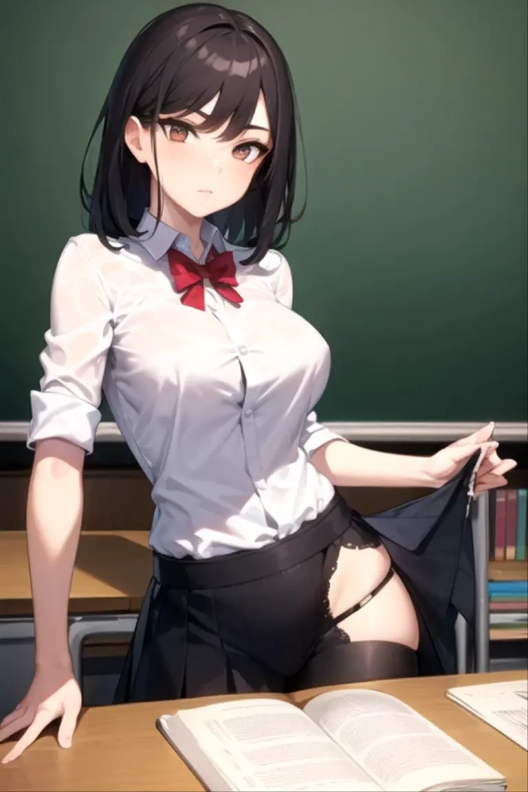 summer、Empty classroom、thick、Sweat、、high school girl、Low length、(((((Eyes hidden by long bangs)))))、(((Long black hair:1.2 hair band)))(((Black-rimmed glasses:1.2 black eye)))、Backlight、evening、Nostalgic atmosphere、Look at this、High position、Full Body Shot、glamorous、Checked mini skirt、Navy knit vest、loafers、Skirt flip、Showing sexy panties、(Flip up your skirt with both hands)、avert your eyes、Plump thighs、Thin pubic hair、(((Front view))), Beautiful details, 16K, Absurd, masterpiece, Super detailed, beautiful girl, Cowboy Shot、Thick thighs、glamorous、Grab your panties and pull them down
