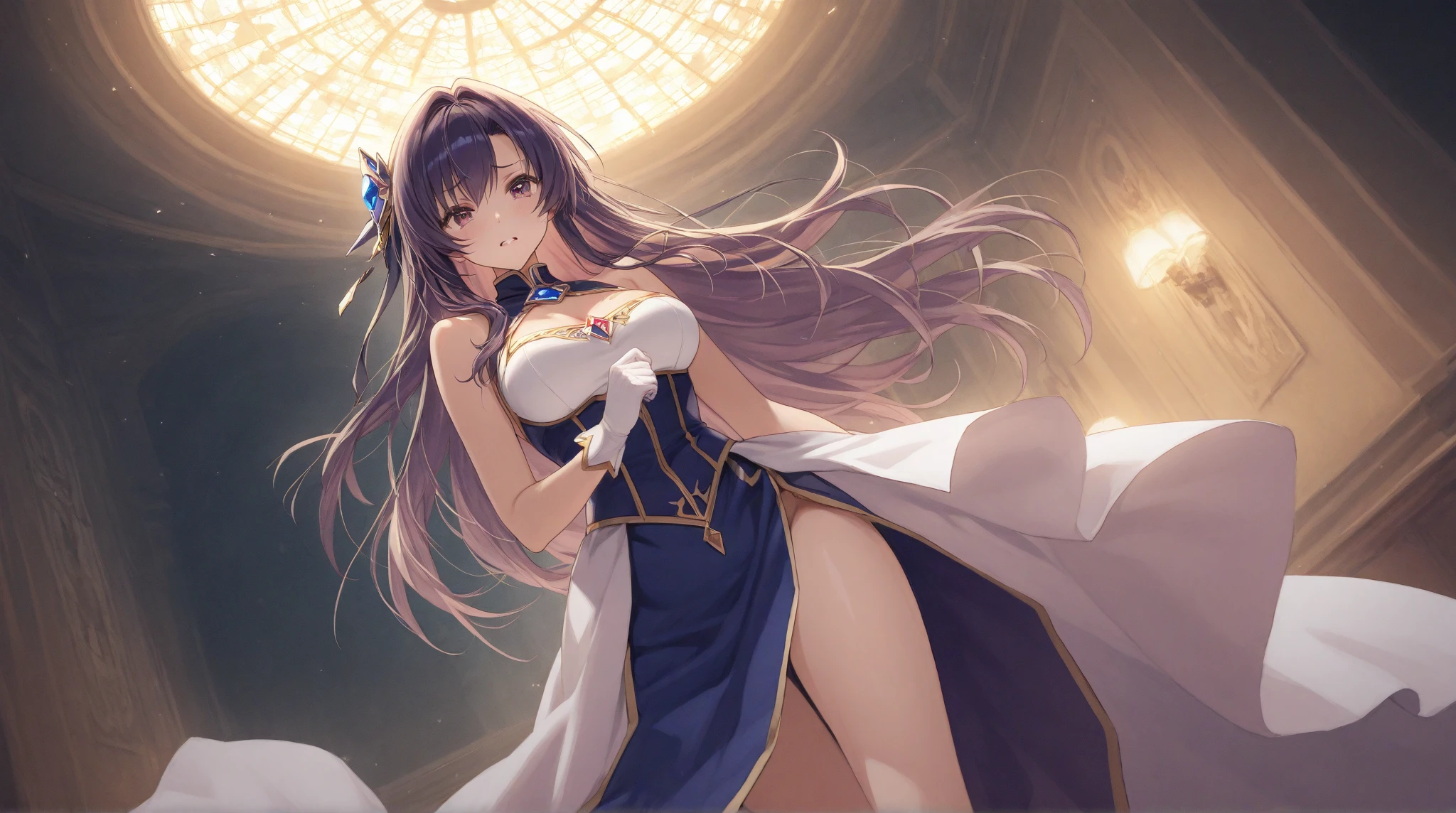 "A confident princess adorned in regal purple attire, flaunting intricate lace details and sparkling gold high heels. gold sling bikini, elegant white silk gloves, and a cinched corset."
