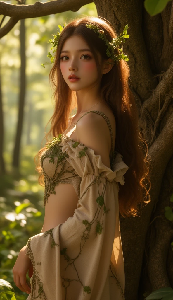 redheaded asian elf girl, 1860s mansion, forest, long extremely smooth silky hair, elegant 1860s elf dress, corset, beautiful detailed eyes lips face, queen, incredibly detailed 1860s clothes, very big tits, dense lush forest, dark colors, dramatic lighting, rich colors, intricate details, fantasy, dark academia, 1860s style, best quality, 4k, 8k, highres, masterpiece, ultra-detailed, realistic, photorealistic, photo-realistic, magical fantasy atmosphere, concept art