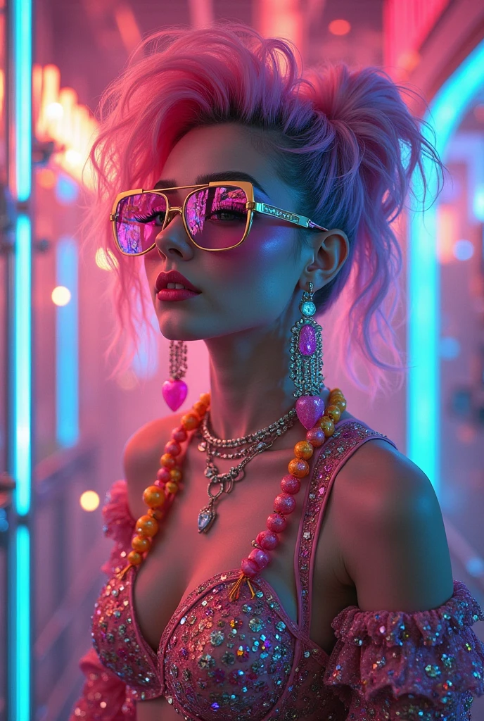 beautiful body of a 30 year old woman wearing pink headphones, sunglasses with purple frame and pink glass illuminated by colorful lights photorealistic background bright colors Luminous neon pink and neon blue glitter powder background with blonde hair pink and blue smoke vapor, blue colored eyes,long,tear shorts,white shirt,