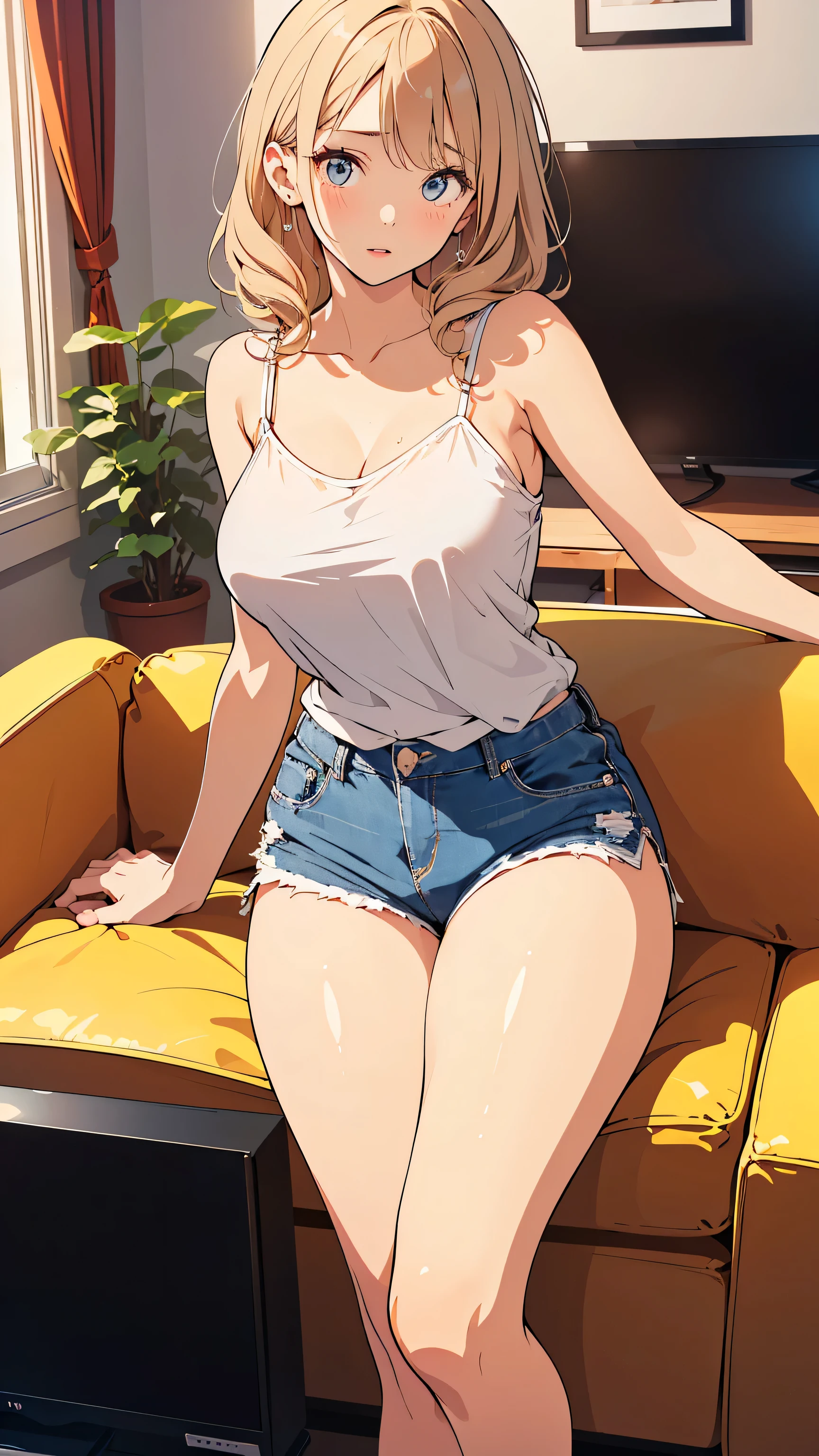 ((Medium Shot)), beautiful girl, skinny, very short hair, brown hair, (wear a white long-sleeved T-shirt), (white bikini panties) , Perfect hands, Perfect body, put her feet on the table., (bare foot), ((looking away)), ((Exquisite detail)), Very finely crafted fingers(((10 fingers))), , (Full-body showcase), (Show your whole body), (No logos on background), (No logo), The camera frame is taken from below.,