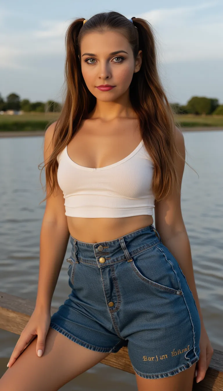 full body wide angle professional photo of a beautiful young spanish woman, one slim woman walking in natural pose, ((front left side photo)), (((perfect slim flat tummy showing))), brown short hair, (((tight jeans))), ((white buttom up blouse)), perfect round breast, cleavage, thigh gap, slim legs, ((sexy slim waist showing)), ((hips showing)), ((belly button showing)), landscape nature background, low depth of field, vanishing point, bright light photo, real casual photography, natural relaxed pose, realistic natural style, centered, symmetrical, knee-shot from below photo, wide angle, nikon Z9 35mm F1.8, by David Lazar open legs on tight jeans