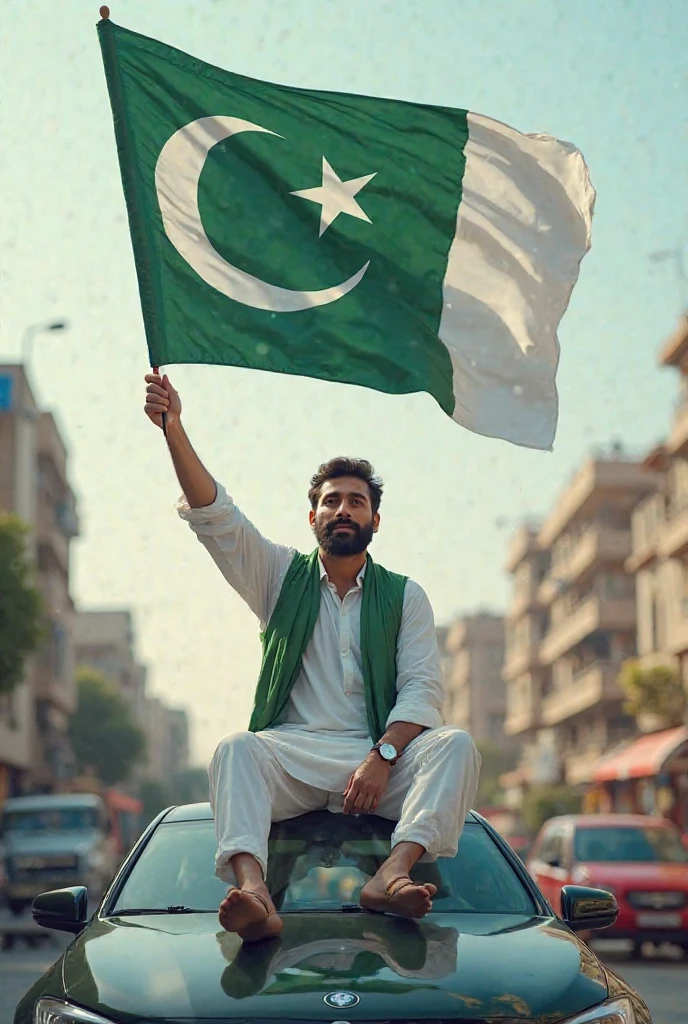 Happy Independence Day 14 August 2024 is written on big flag of Pakistan and a 25-year-old boy is standing in front of him wearing Army T-shirt, with name "Shahab" written on t shirt, and holding the Pakistani flag in his hand, 3D art painting realistic high quality photo