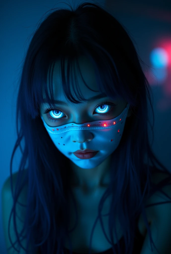a creepy dark grungy moody room,(1 female interrogator:1.2),extremely detailed eyes and face,beautiful detailed lips,longeyelashes,neon stitched sewed bunny mask hiding her identity ,standing looking at a noose in centre,horror atmosphere,(best quality,8k,highres,masterpiece:1.2),ultra-detailed,(realistic,photorealistic,photo-realistic:1.37),dramatic lighting,chiaroscuro lighting,moody dramatic lighting,haunting,unsettling,ominous,eerie,sinister