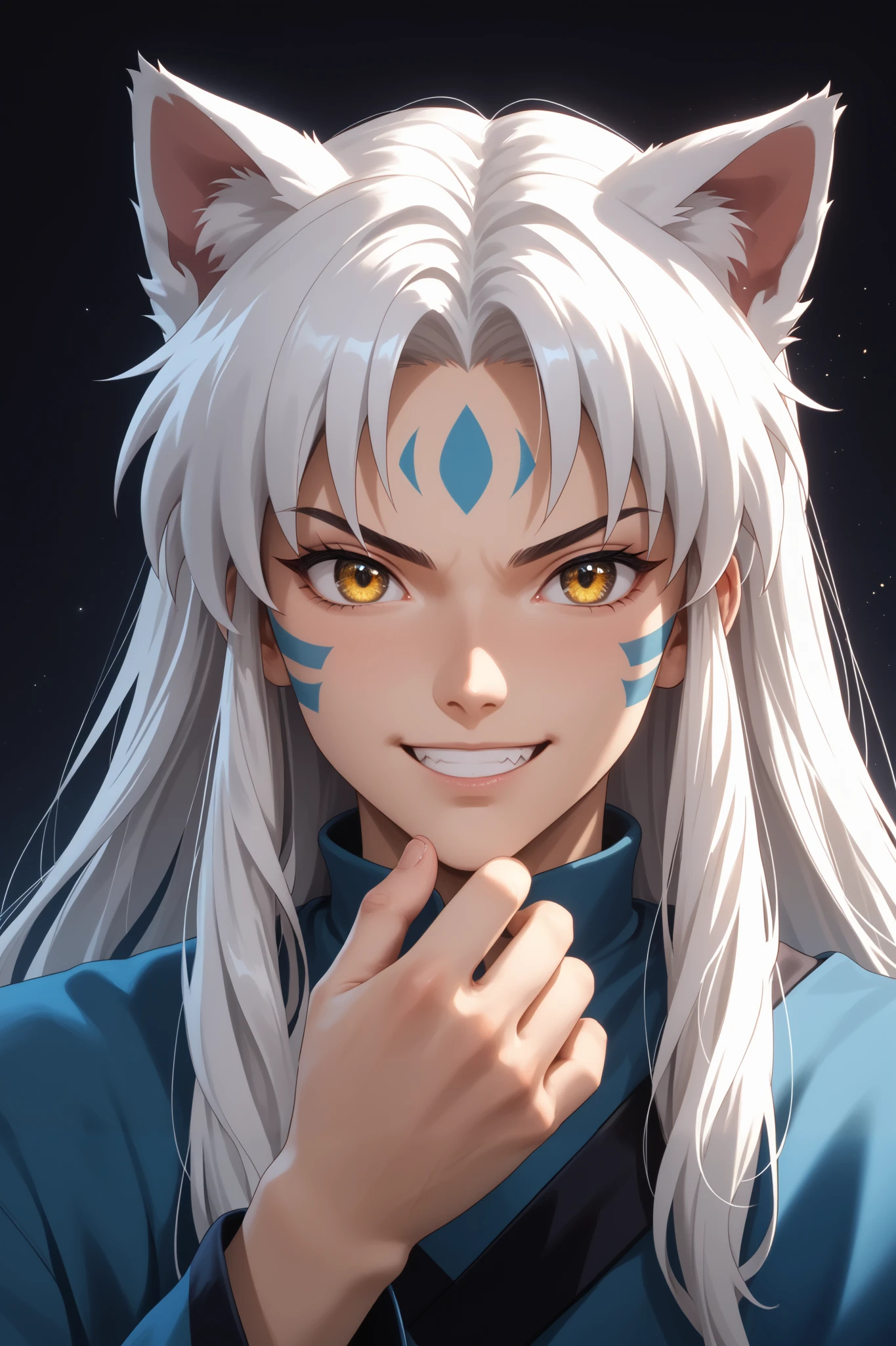 masterpiece, beautiful, ultra-detailed, detailed face, 4k, hd, perfect lighting, best quality, score_9, score_8_up, score_7_up, 2d art, perfect hands, perfect eyes, inuyasha, white hair, yellow eyes, long hair, animal ears, dog ears
human form, AcnologiaFT, blue Acnologia hair, blue Acnologia facepaint, 1boy, male focus, smile, head tilt, hands with five fingers,
solo, ((1man)), angry, ((adult))